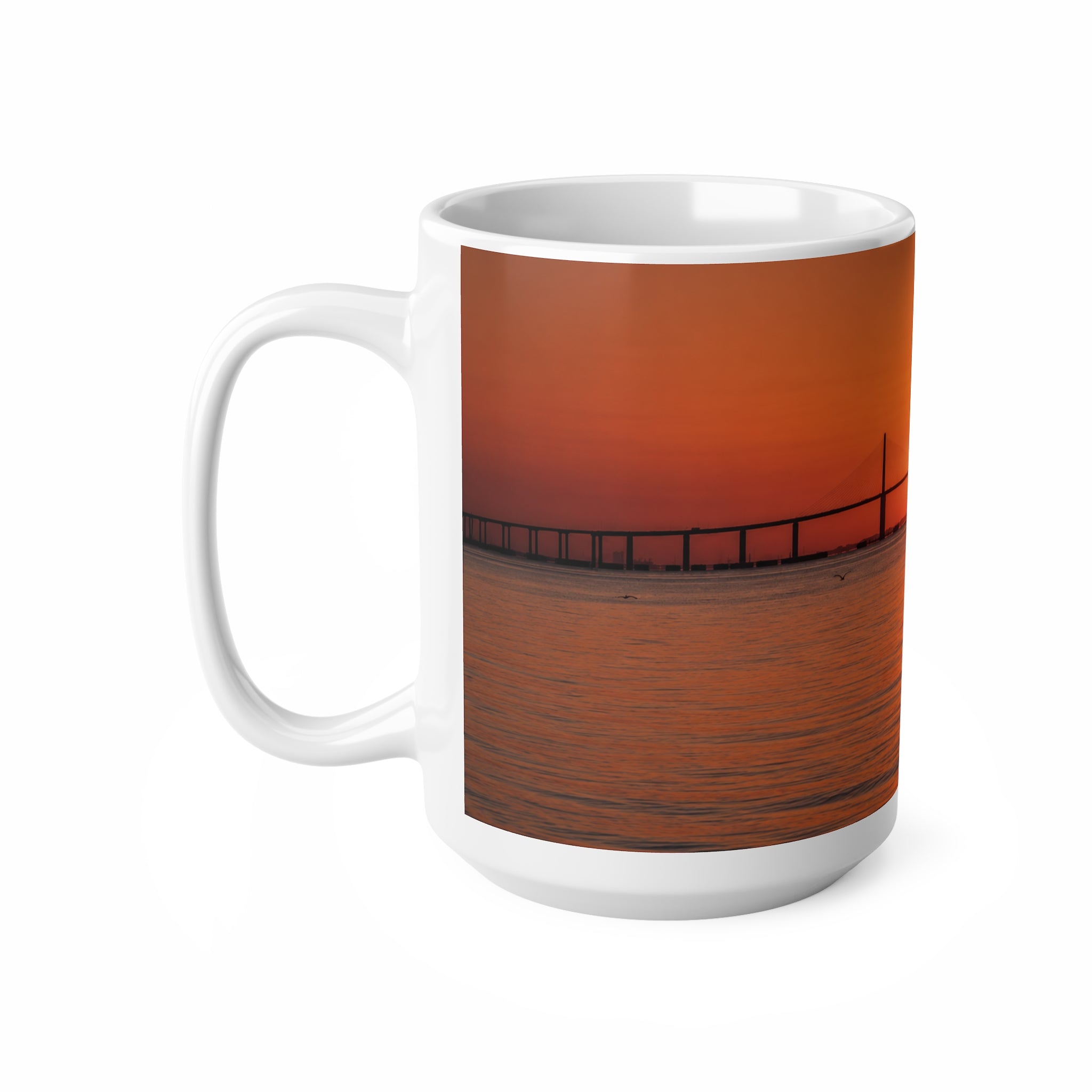 Skyway Sunset Bridge Ceramic Coffee Mug — Orange Seascape 11oz & 15oz