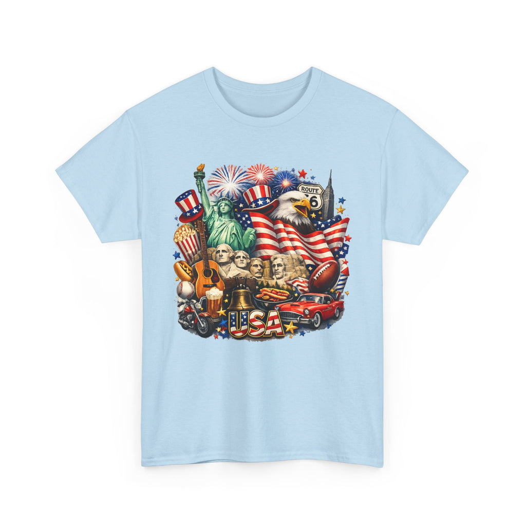 Patriotic USA Graphic Tee – American Flag, Statue of Liberty & Fireworks T-Shirt