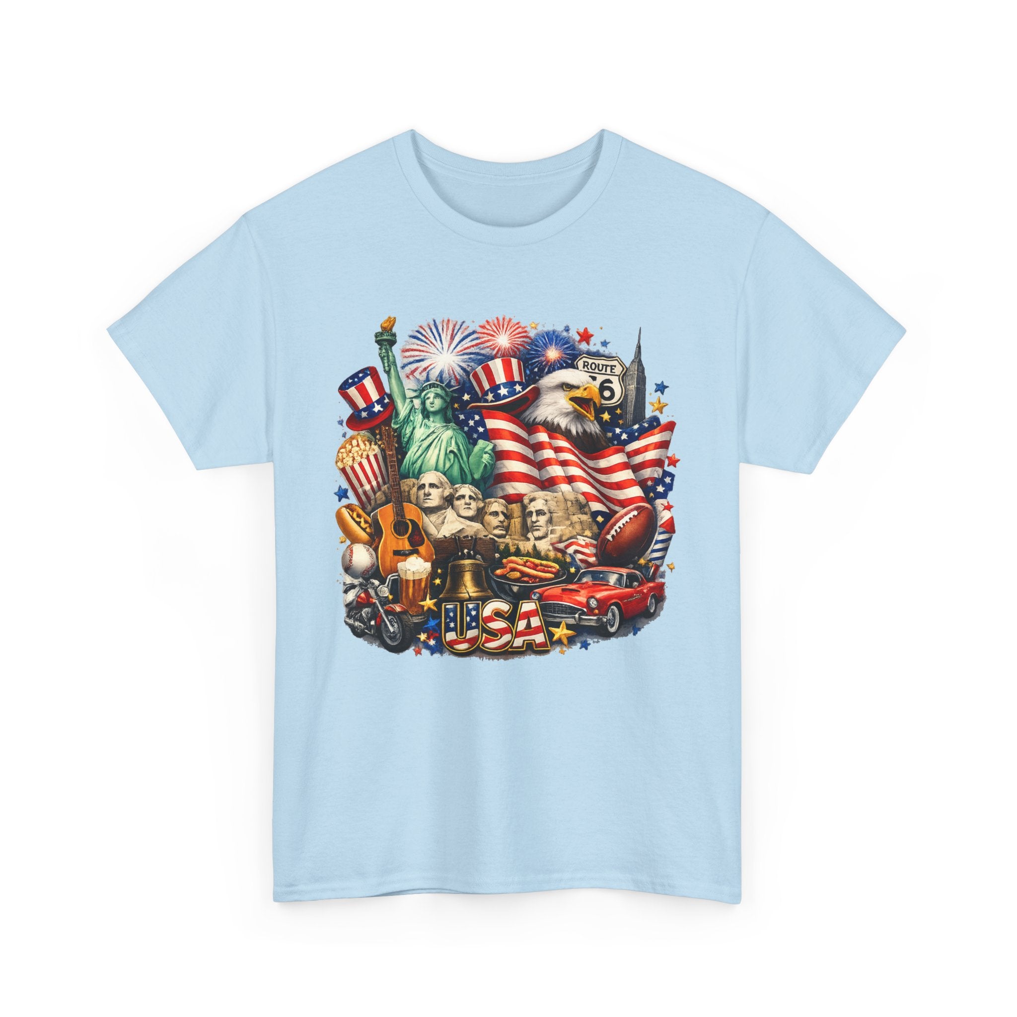 Patriotic USA Graphic Tee – American Flag, Statue of Liberty & Fireworks T-Shirt
