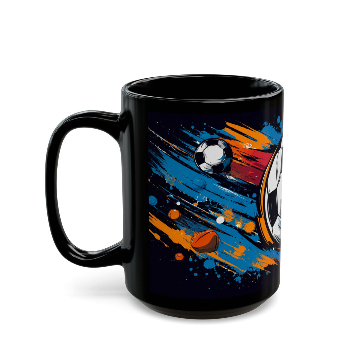 Soccer Splash Black Mug (11oz & 15oz) – Colorful Football Design for Fans & Coaches