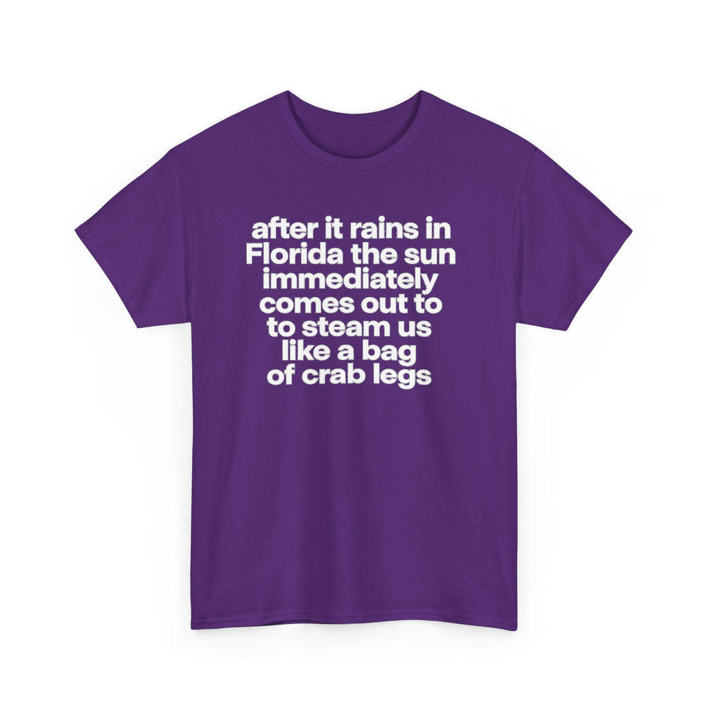 T-Shirt — "after it rains in Florida the sun immediately comes out to steam us like a bag of crab legs" Funny Florida Weather Tee