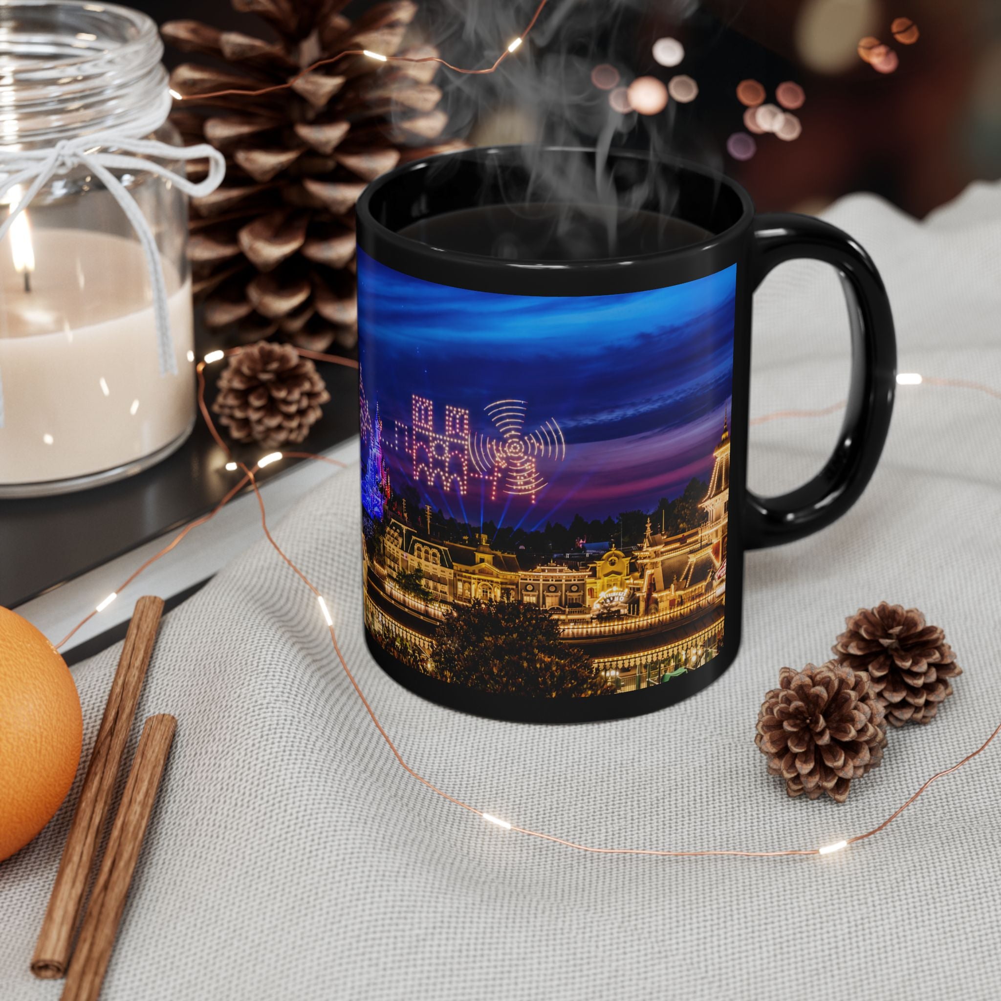 Disneyland Paris Park Nightscape Black Mug — Illuminated Main Street Skyline (11oz/15oz)