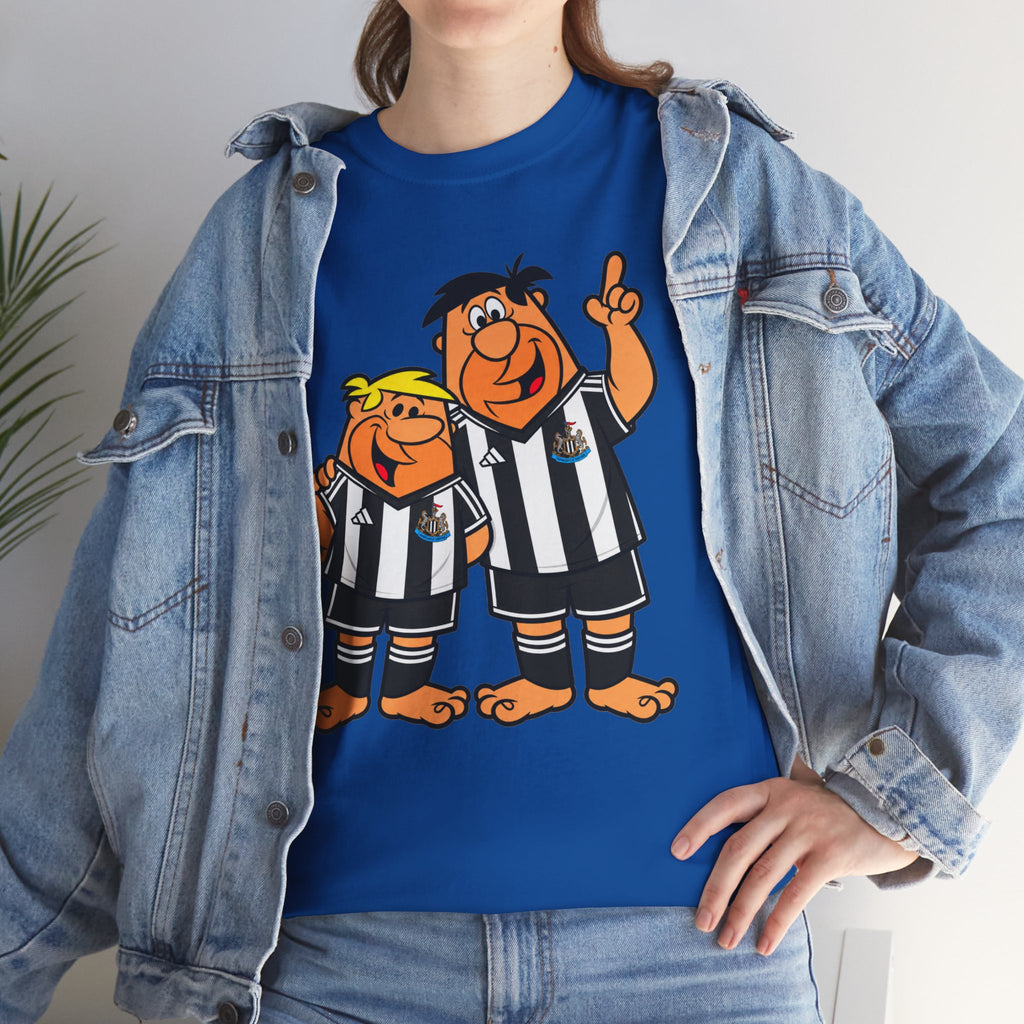 Newcastle United Flintstones Cartoon Cotton T-Shirt / Tee — Retro Striped Jersey Illustrations