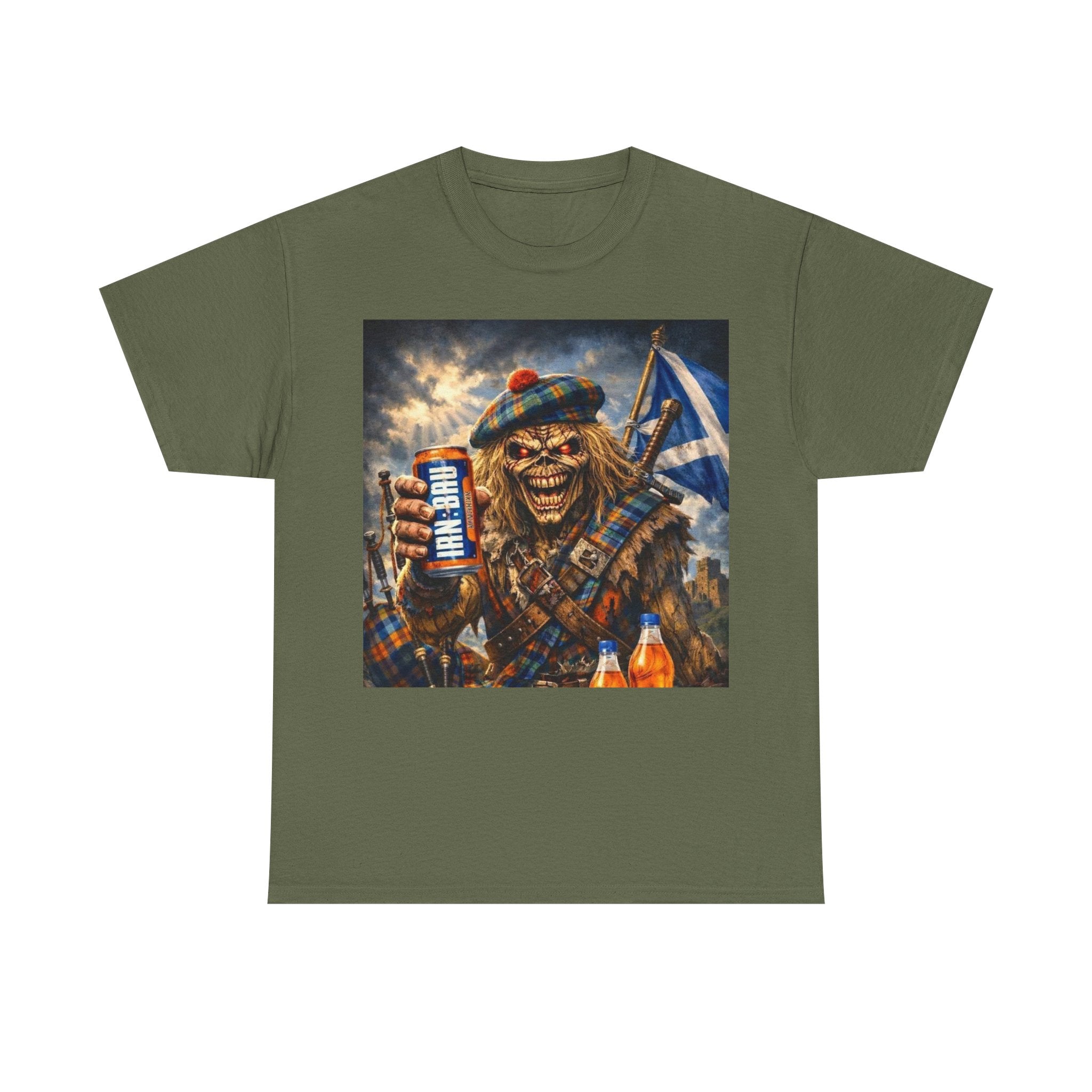 Scottish Rock Skull T‑Shirt — Eddie the Piper with Flag & Can Graphic Tee