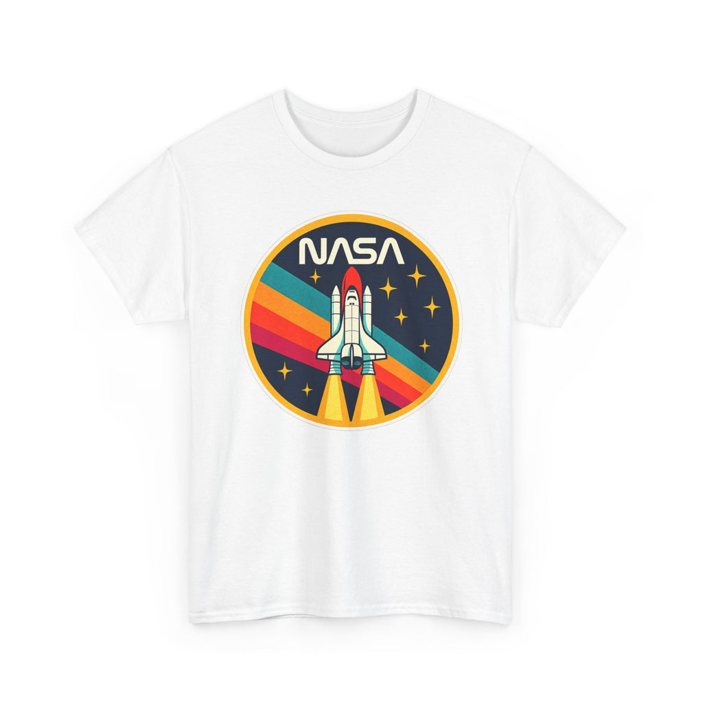 NASA Retro Rocket T‑Shirt — Vintage Space Shuttle Tee with Rainbow Trail