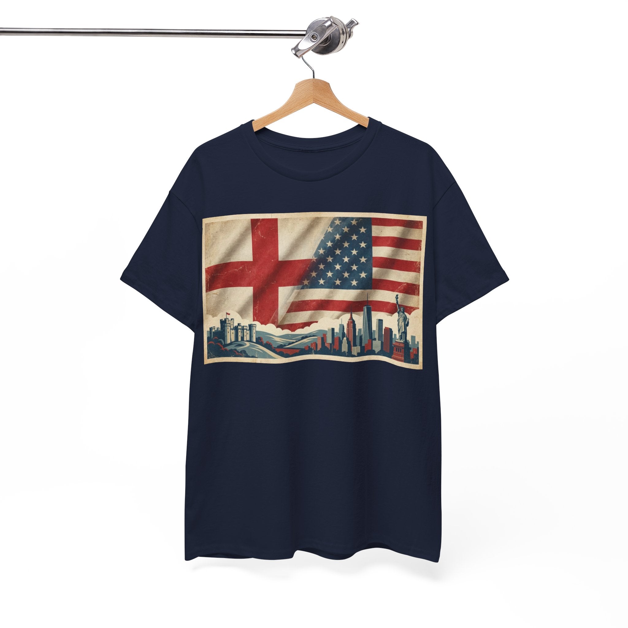 England + USA Flag Skyline T-Shirt — Vintage London & New York City Pride Tee