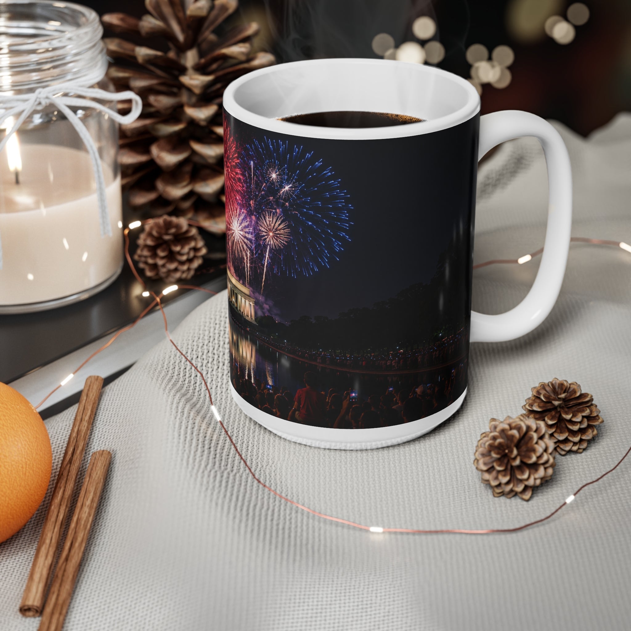 Fourth of July Fireworks Coffee Mug — Patriotic American Flag & Capitol Night Sky (11oz/15oz)