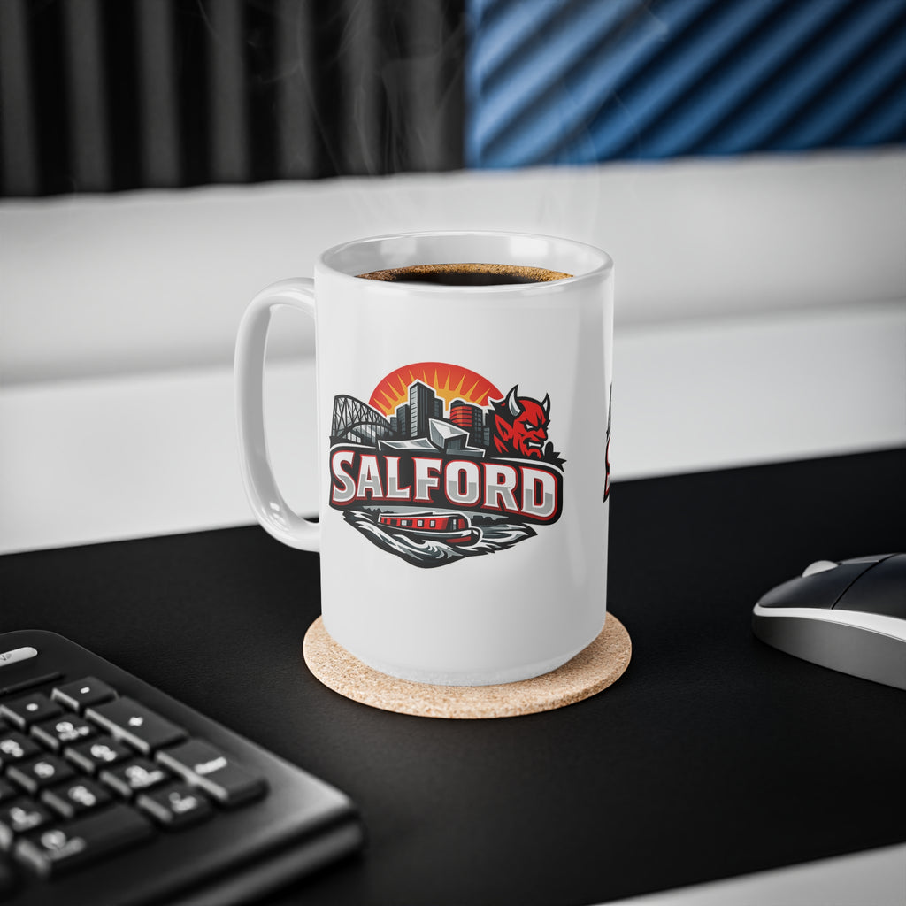 Salford City Skyline Coffee Mug – Devils Logo Ceramic Cup (11oz & 15oz)