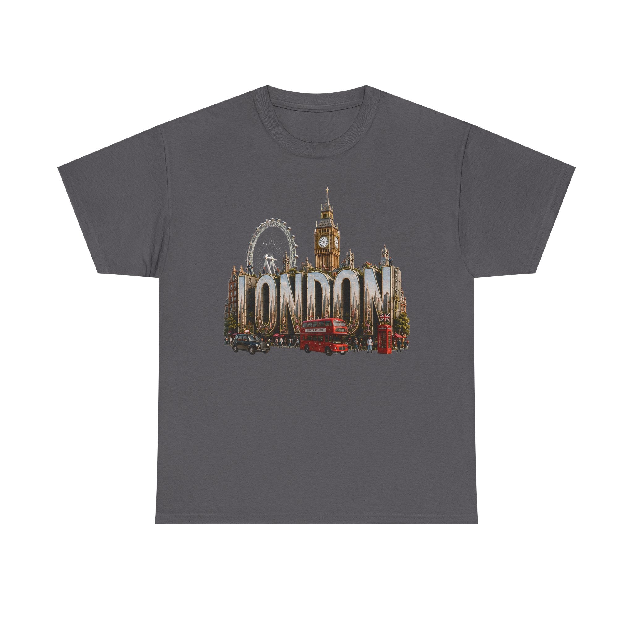 London Skyline T-Shirt — London Text with Big Ben & London Eye Graphic
