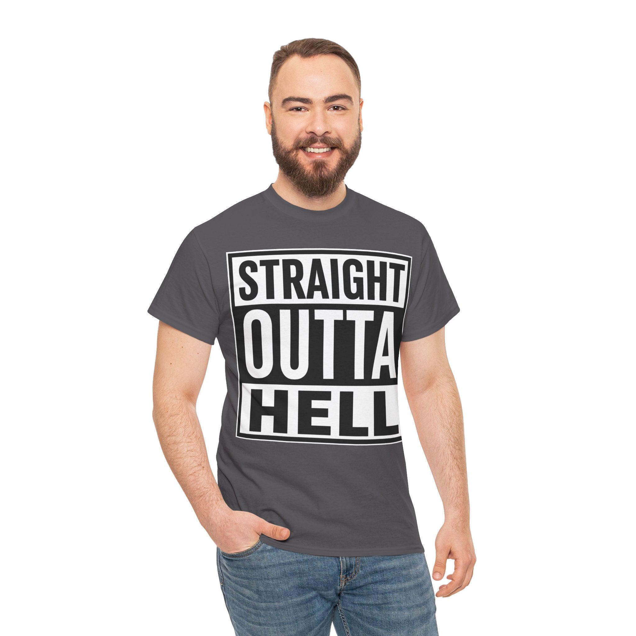 Straight Outta Hell T-Shirt — Bold Gothic Graphic Tee