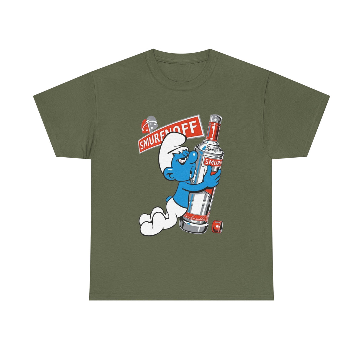 Smurf Holding Bottle Graphic Tee — "Smurf Off" Retro Cartoon T-Shirt