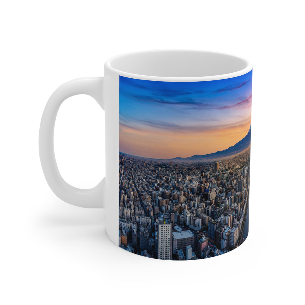 Mountain City Sunrise Ceramic Mug — Scenic Mount Fuji Panorama Coffee Cup (11oz, 15oz)