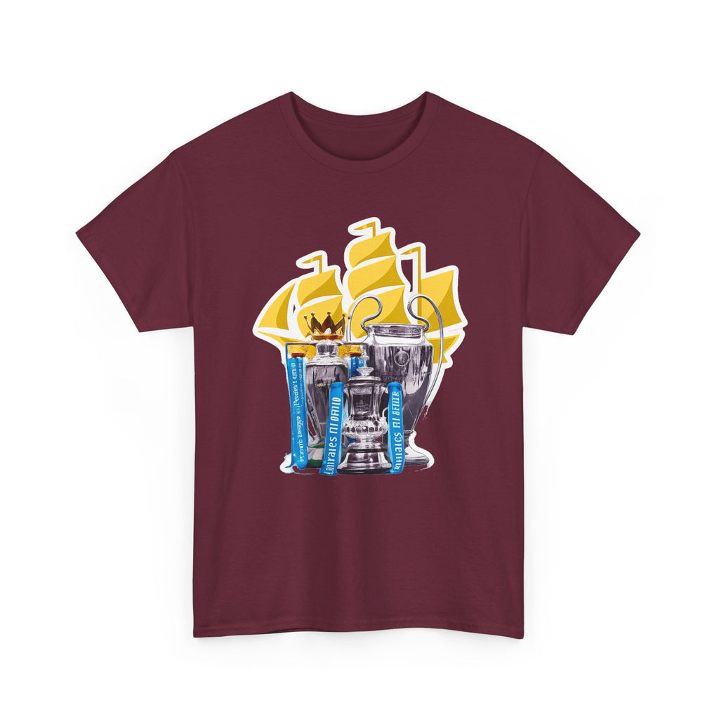 Manchester City Champions Trophy Tee – Golden Cups & Blue Scarves Football Fan Shirt