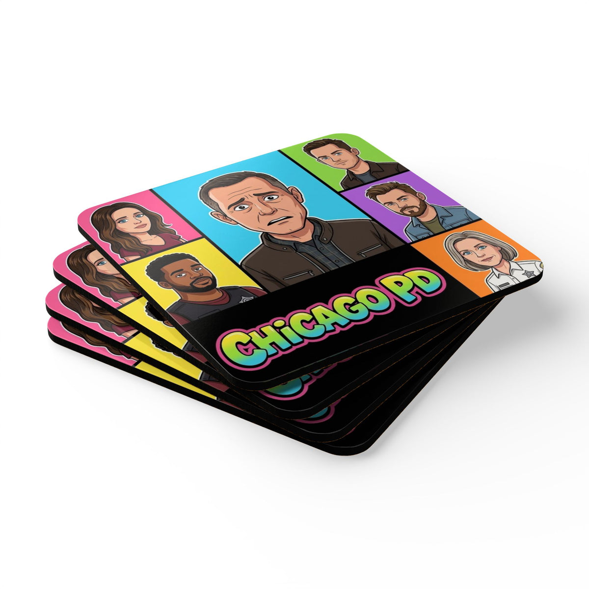 Chicago PD Cartoon Coaster Set — Pop Art Cork Drink Coasters (4-Pack)