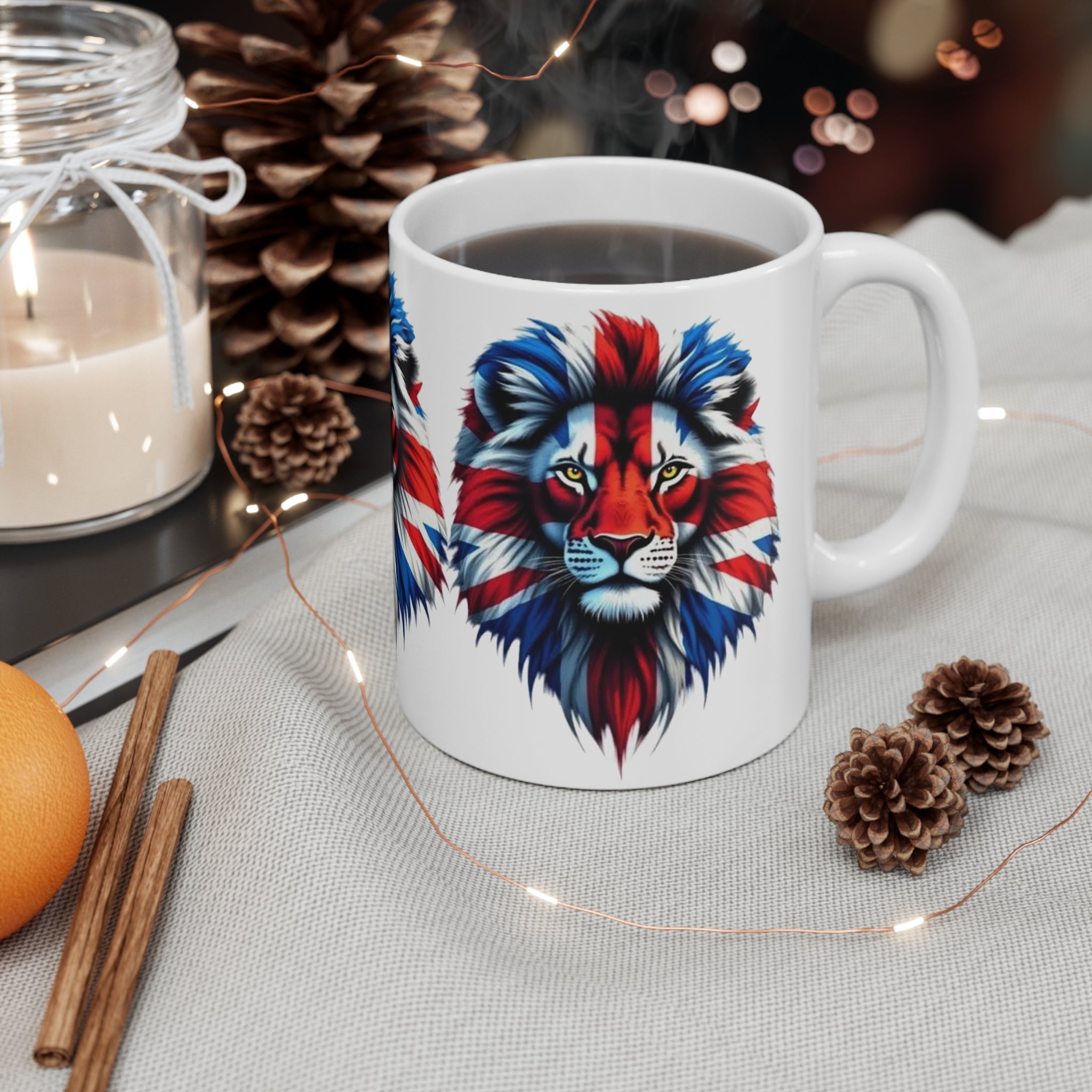 Union Jack 3 Lions Mug — British Flag Ceramic Coffee Cup (11oz & 15oz)
