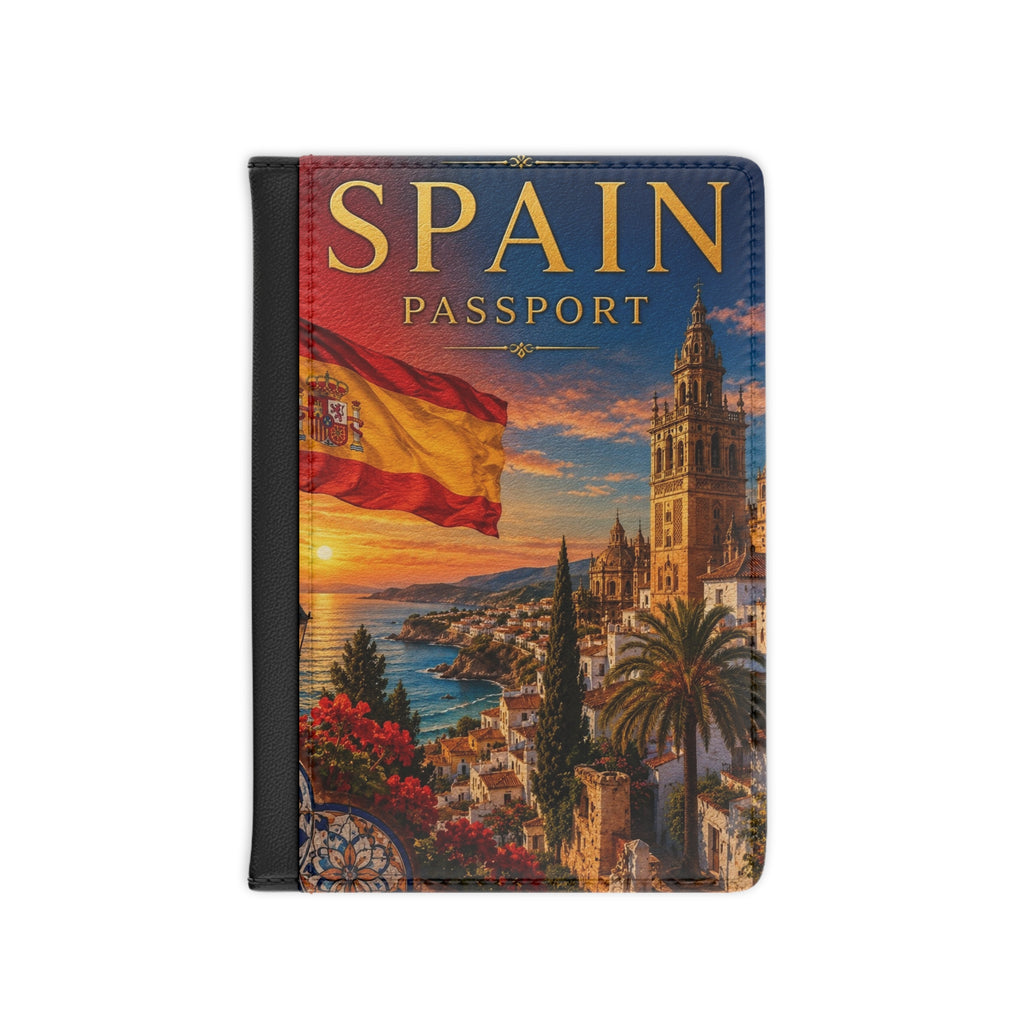 Spain Passport Cover — Spanish Flag & Coastal Cathedral Travel Passport Holder