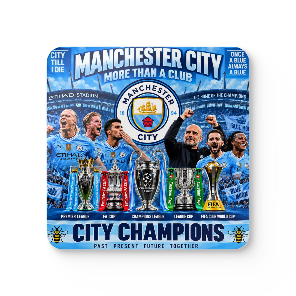 Manchester City Champions Corkwood Coaster Set — City Champions Football Team Drink Coasters