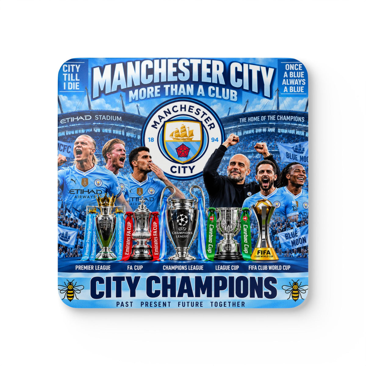 Manchester City Champions Corkwood Coaster Set — City Champions Football Team Drink Coasters