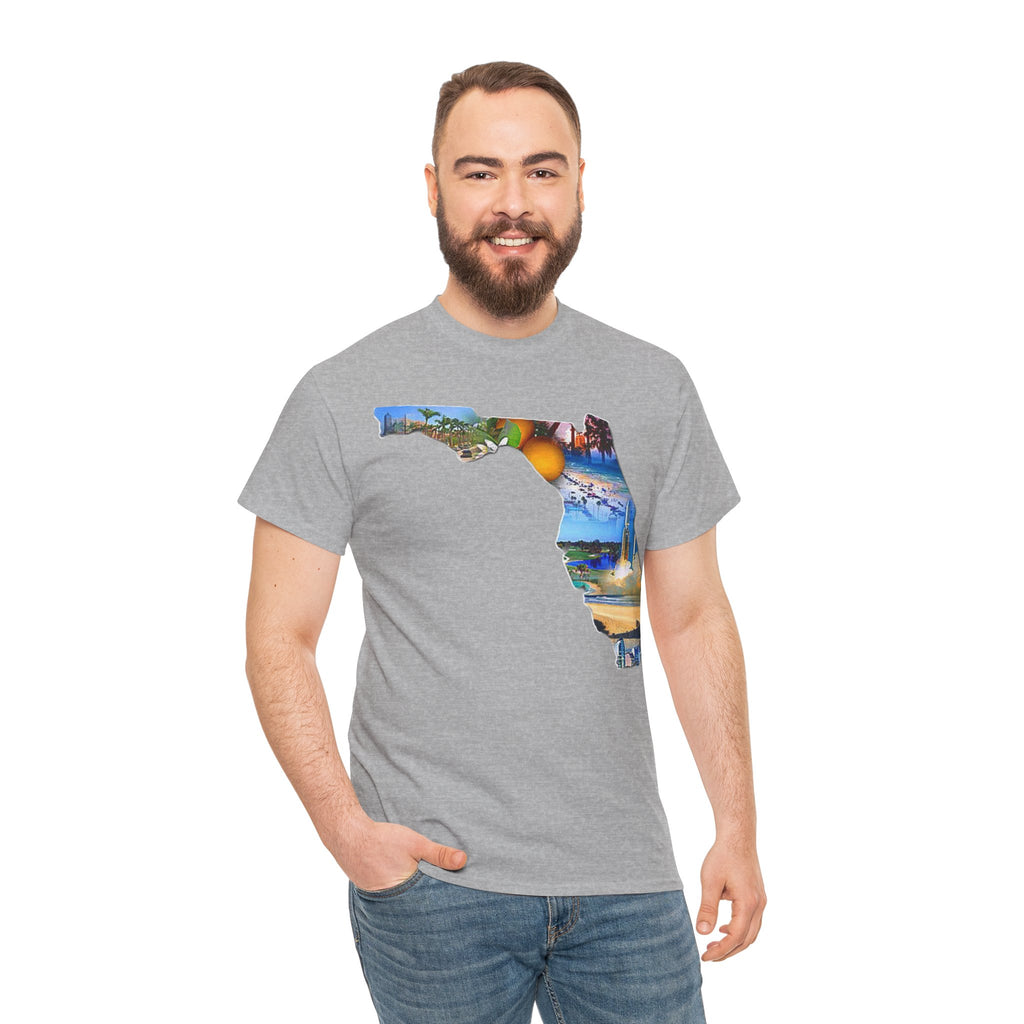 Florida State Shape T-Shirt — Scenic Beach & Sunset Map Tee