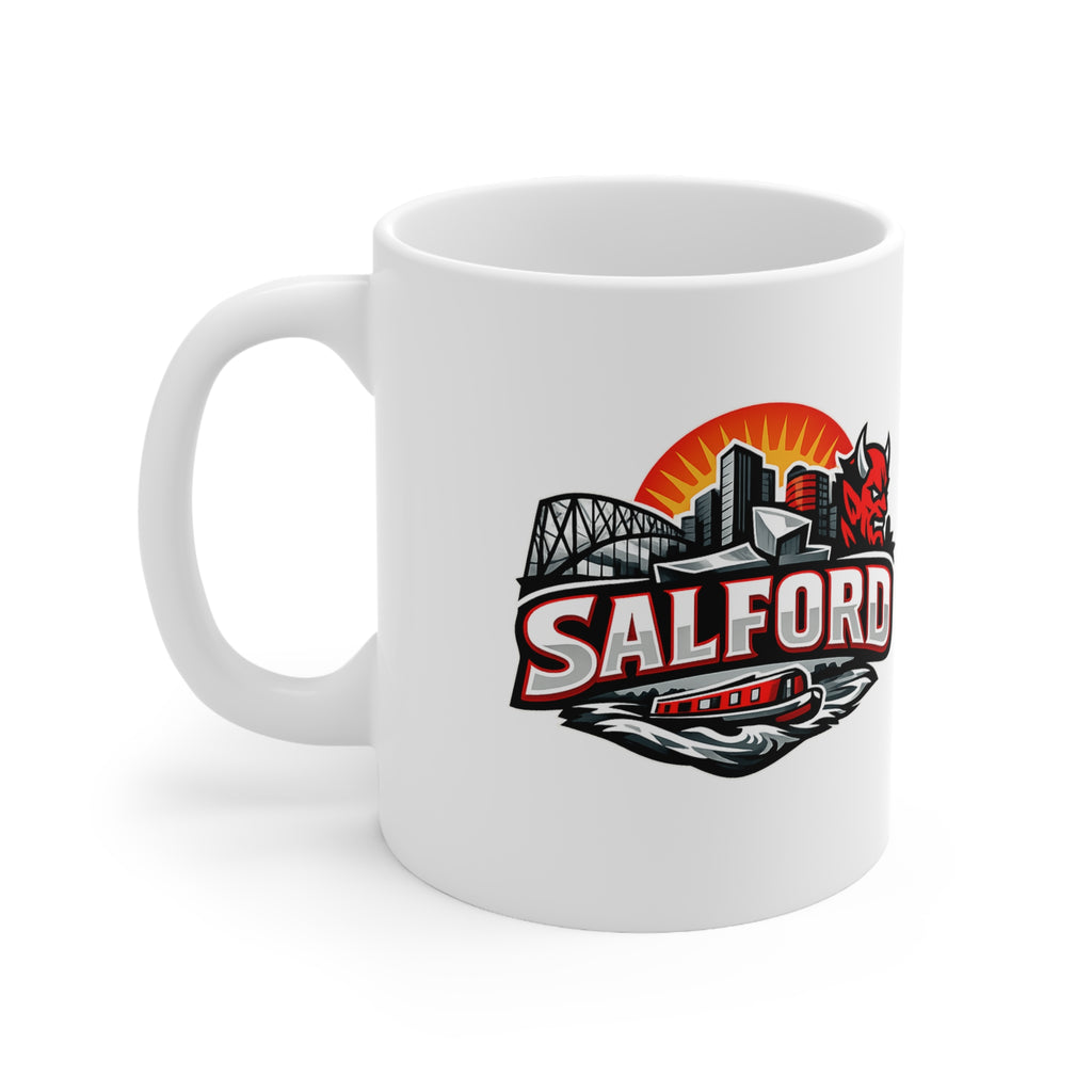 Salford City Skyline Coffee Mug – Devils Logo Ceramic Cup (11oz & 15oz)