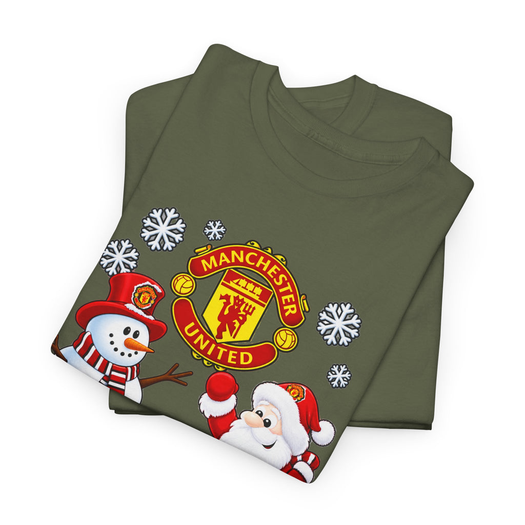 Manchester United Christmas Cotton Tee — Santa & Snowman Football Holiday Shirt