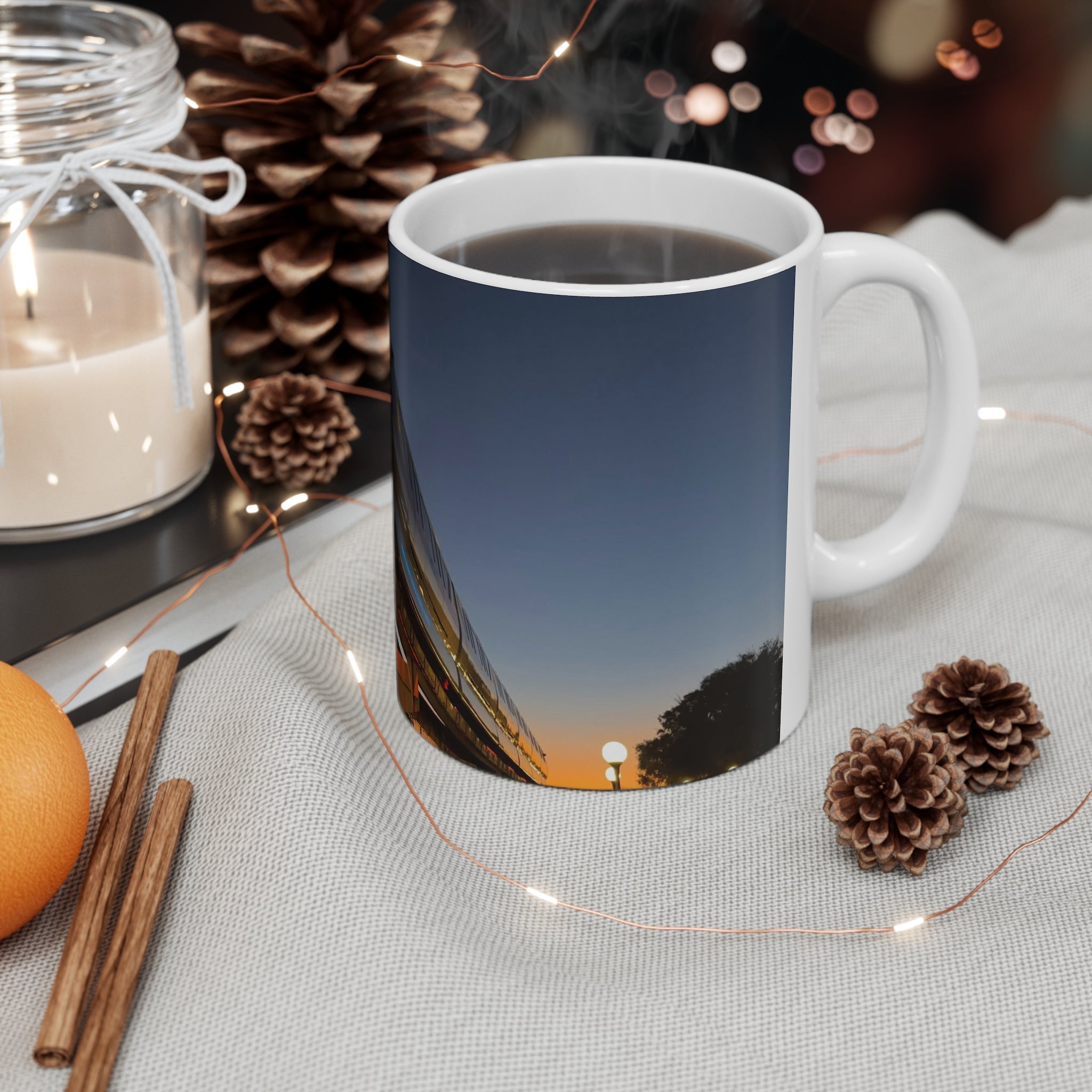WDW Monorail Nightscape Ceramic Mug — Modern Curved Building Photo (11oz & 15oz)