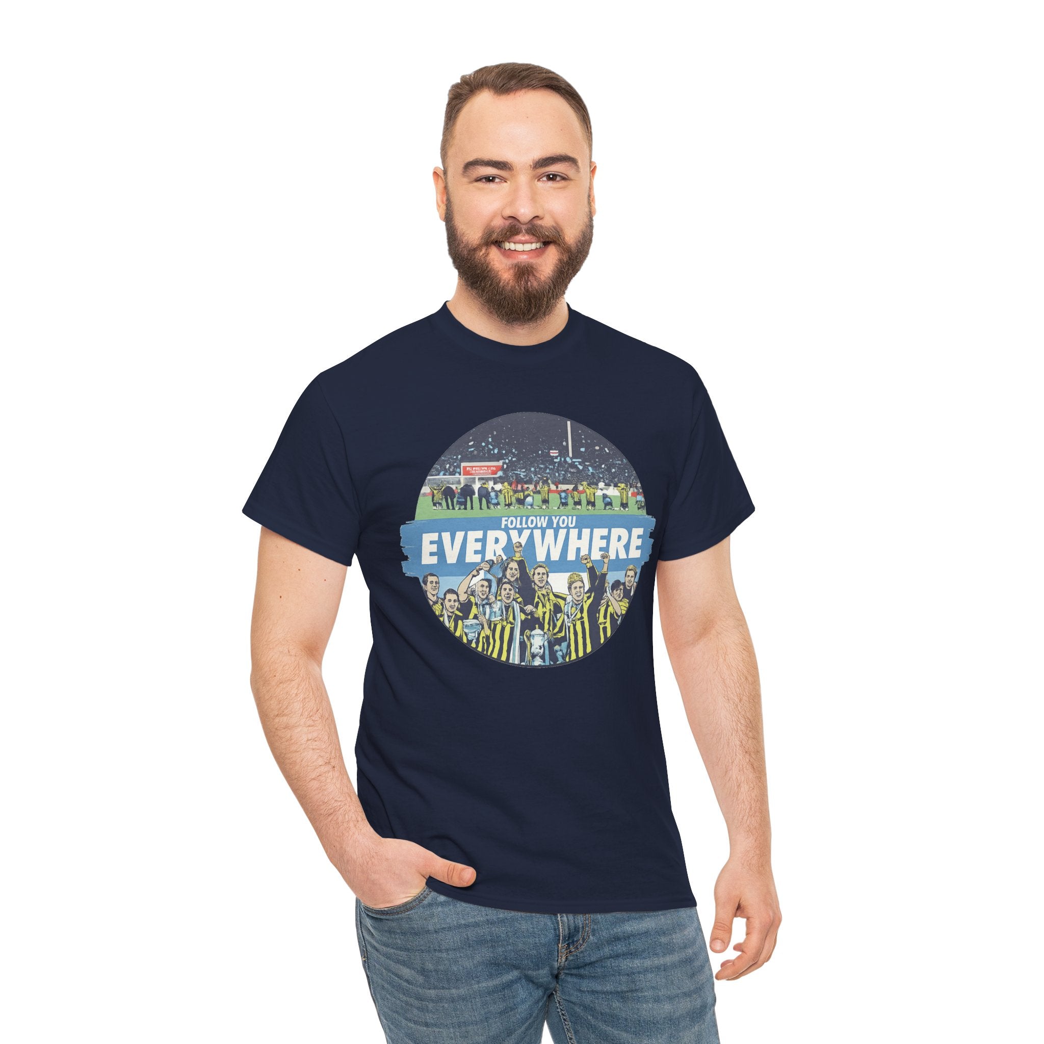 Manchester City Everywhere Soccer Crowd Graphic Tee — 'Follow You Everywhere' Fan Shirt