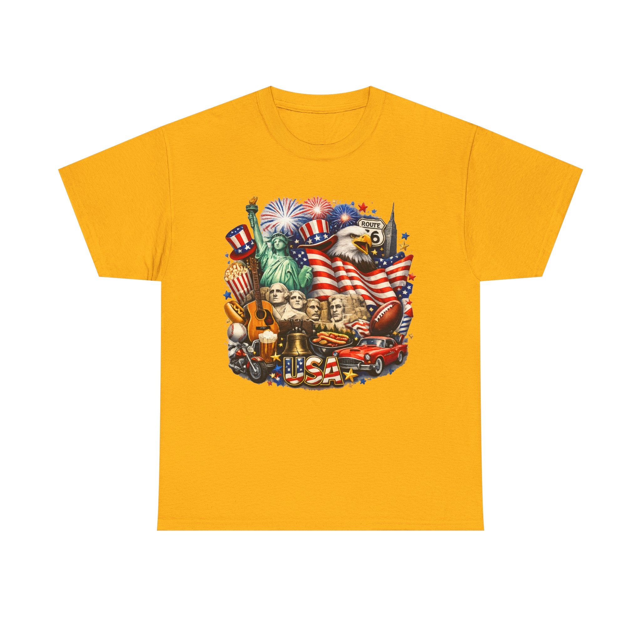Patriotic USA Graphic Tee – American Flag, Statue of Liberty & Fireworks T-Shirt