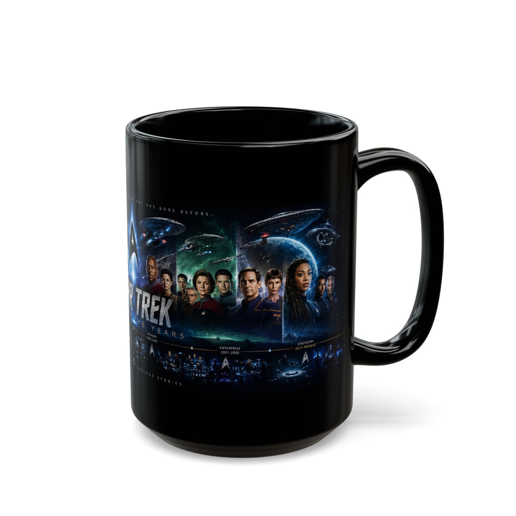 Star Trek Collage Black Mug — Sci‑Fi Crew Montage Coffee Cup (11oz/15oz)