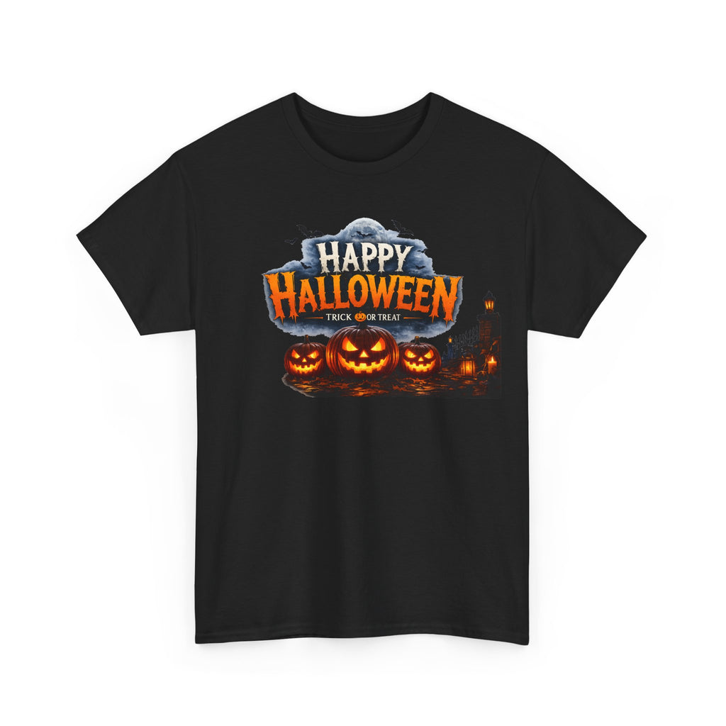 Halloween Horror T-Shirt – 'Happy Halloween' Pumpkin Front & Creepy Doll Back