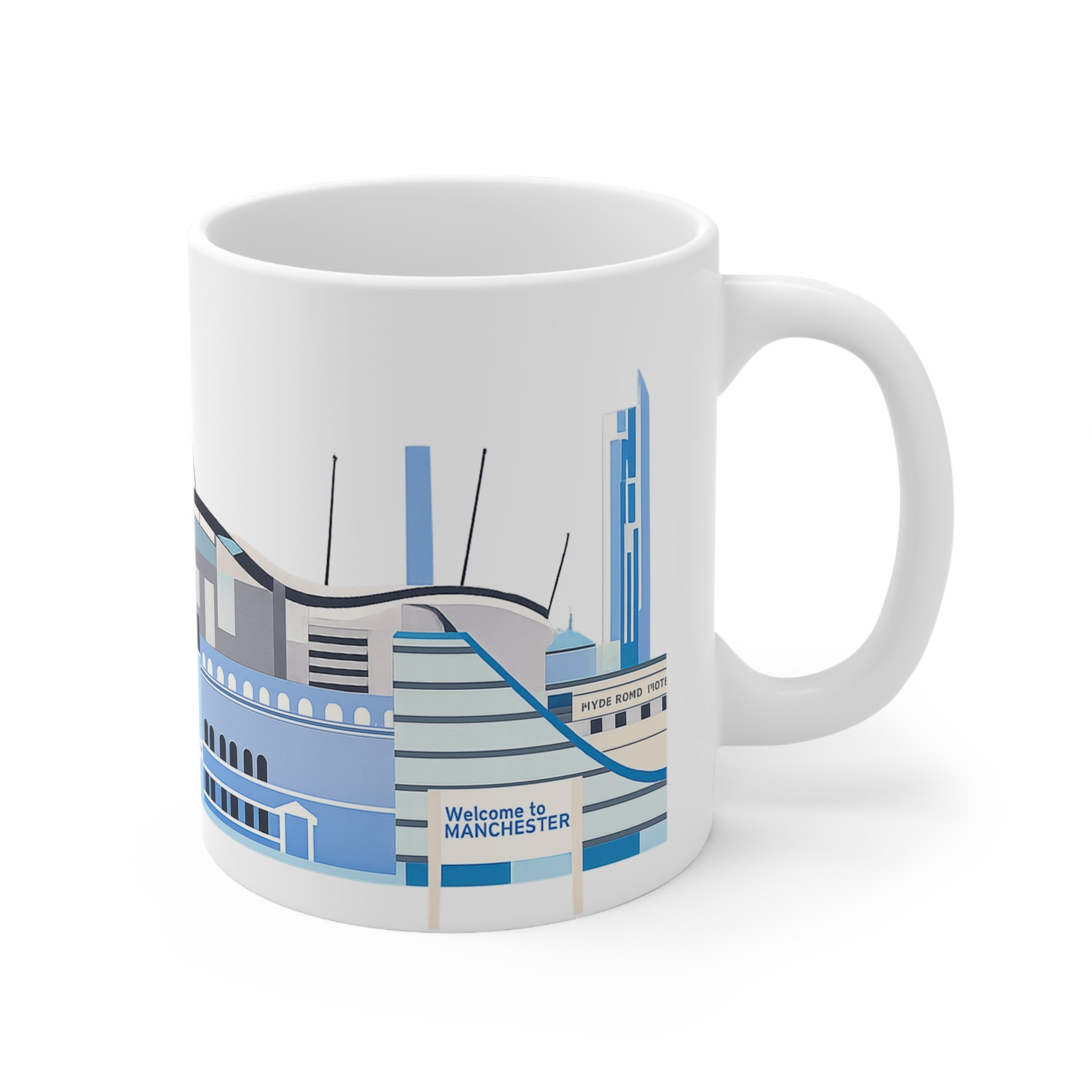 Manchester City Skyline Ceramic Coffee Mug — Blue Landmark Panorama, 11oz & 15oz