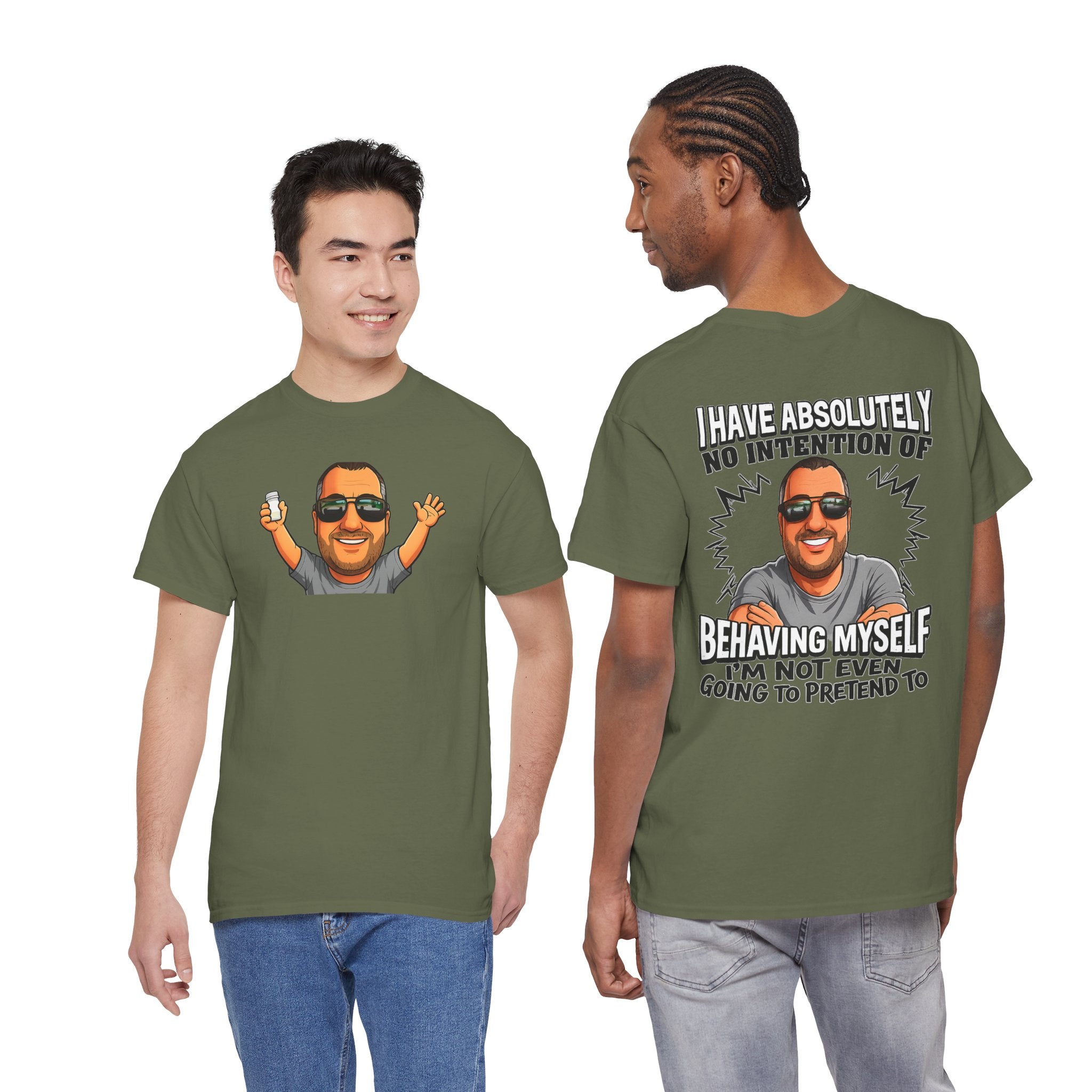 Funny Graphic T-Shirt — "I Have Absolutely No Intention of Behaving Myself" Cartoon Portrait Tee