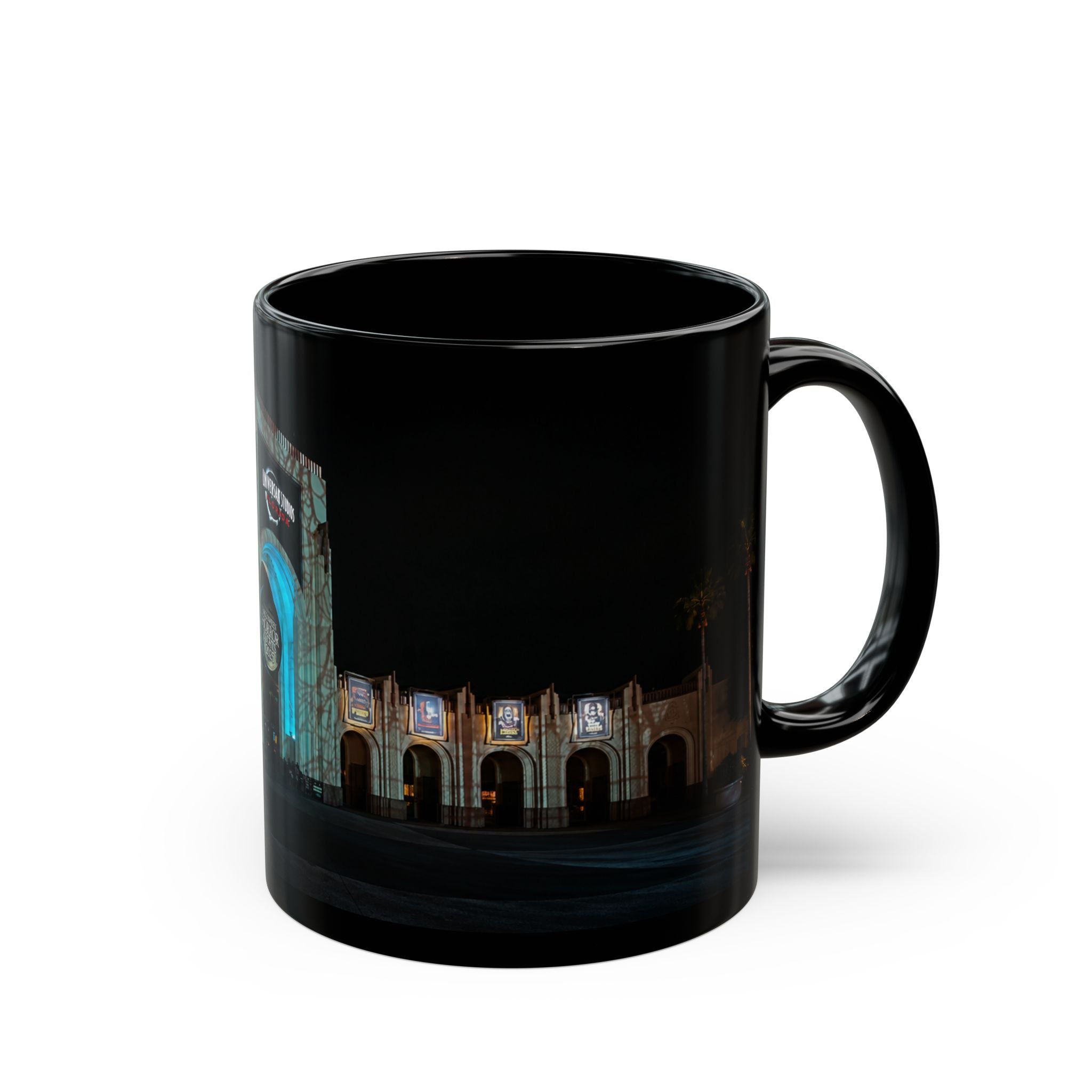 Universal HHN Black Ceramic Mug — Nighttime Theme Park Arch Photo (11oz & 15oz)