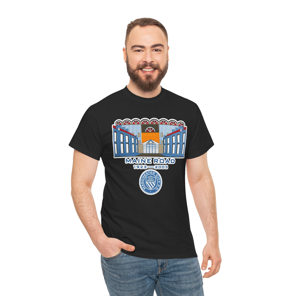 Maine Road 1923–2003 Cotton T-Shirt — Vintage Stadium Illustration Tee