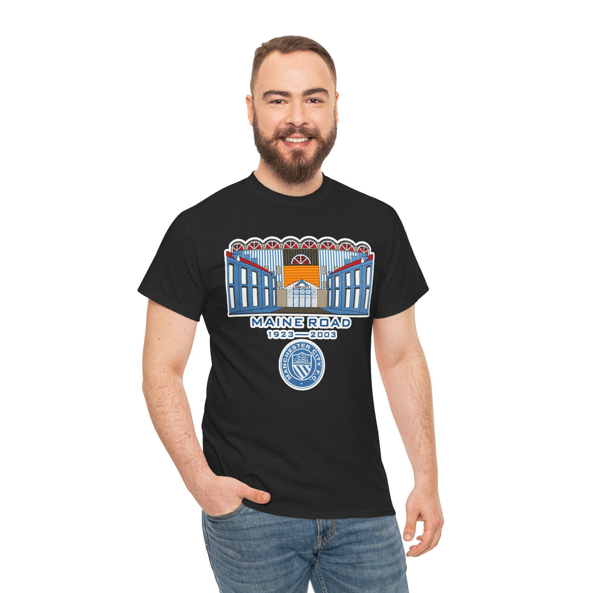 Maine Road 1923–2003 Cotton T-Shirt — Vintage Stadium Illustration Tee