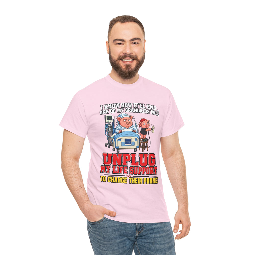 Funny Grandpa T-Shirt - "Unplug My Life Support to Charge Their Phone" Grandpa Humor Tee