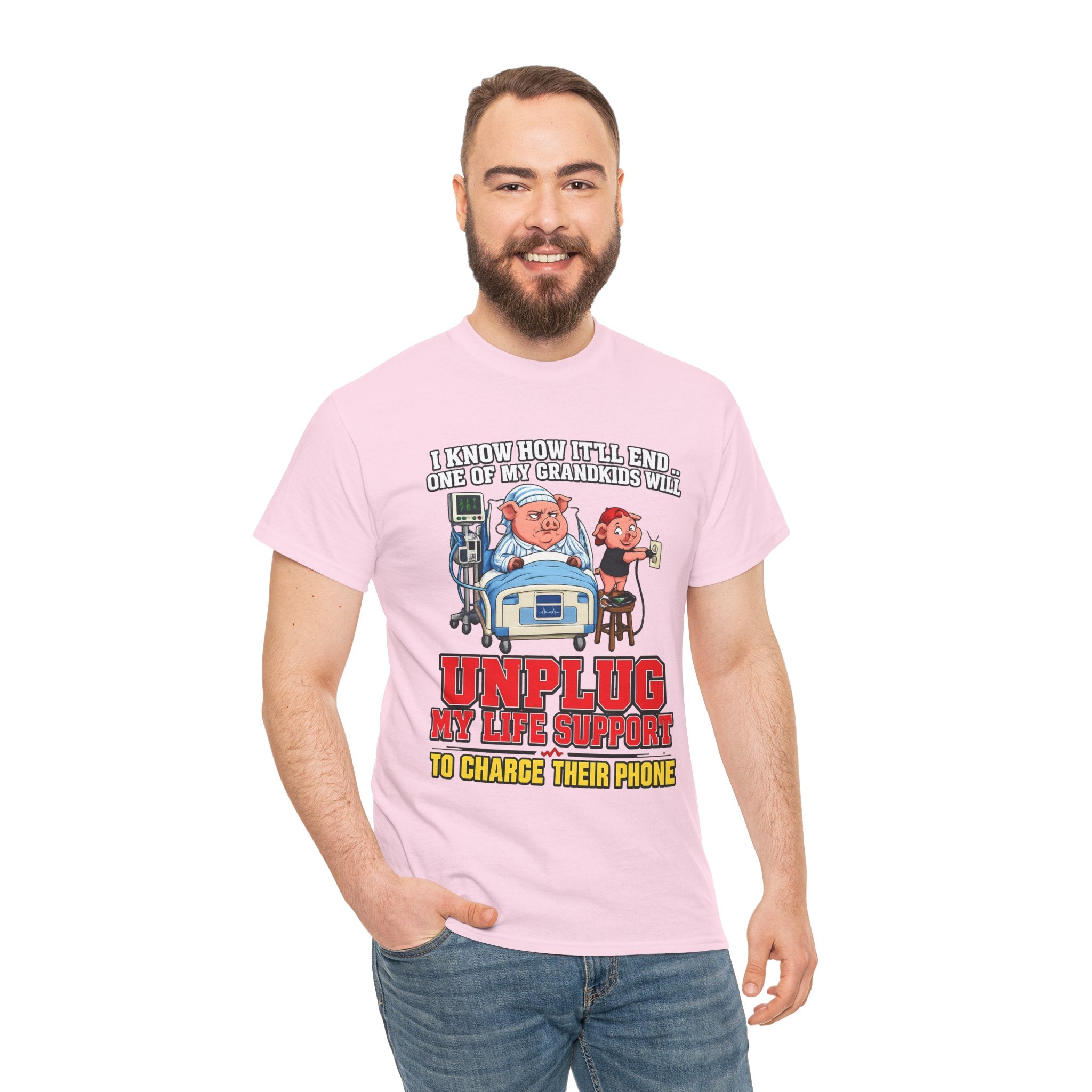 Funny Grandpa T-Shirt - "Unplug My Life Support to Charge Their Phone" Grandpa Humor Tee