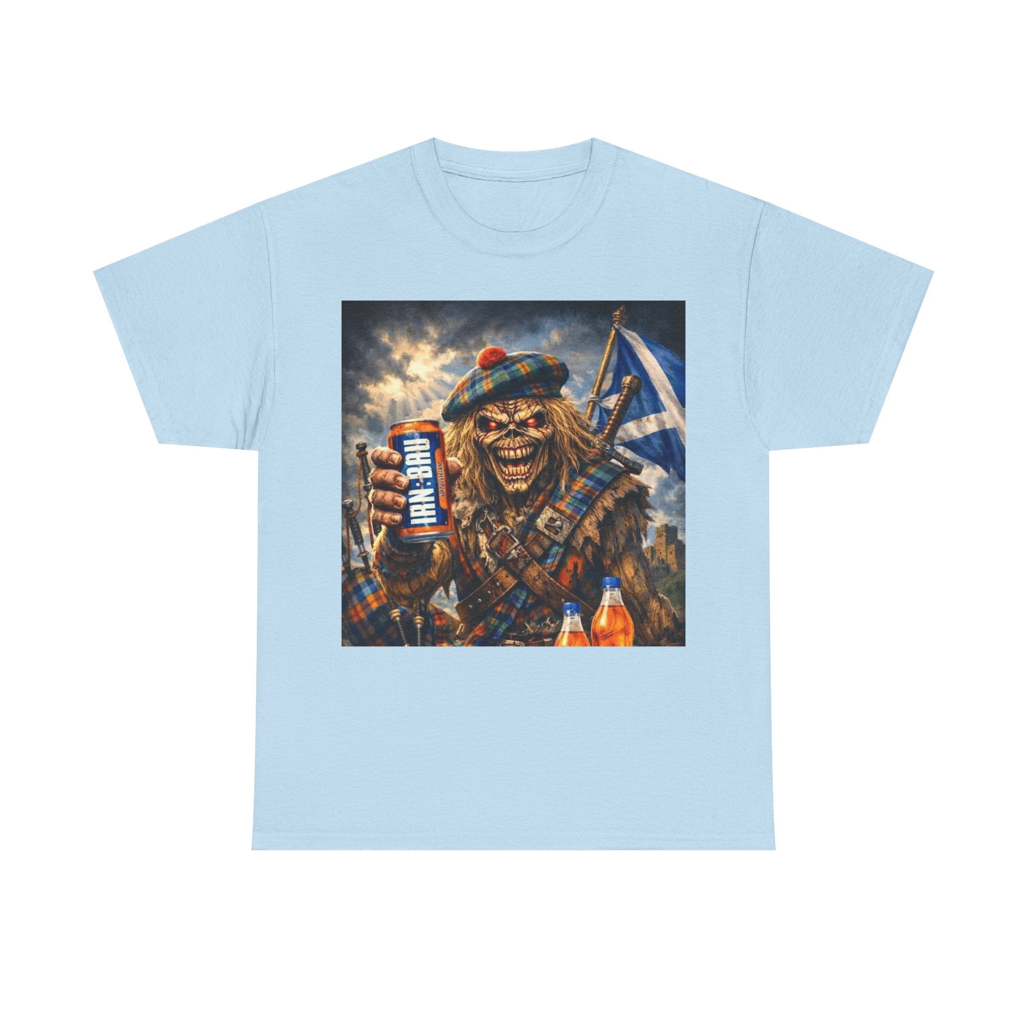 Scottish Rock Skull T‑Shirt — Eddie the Piper with Flag & Can Graphic Tee
