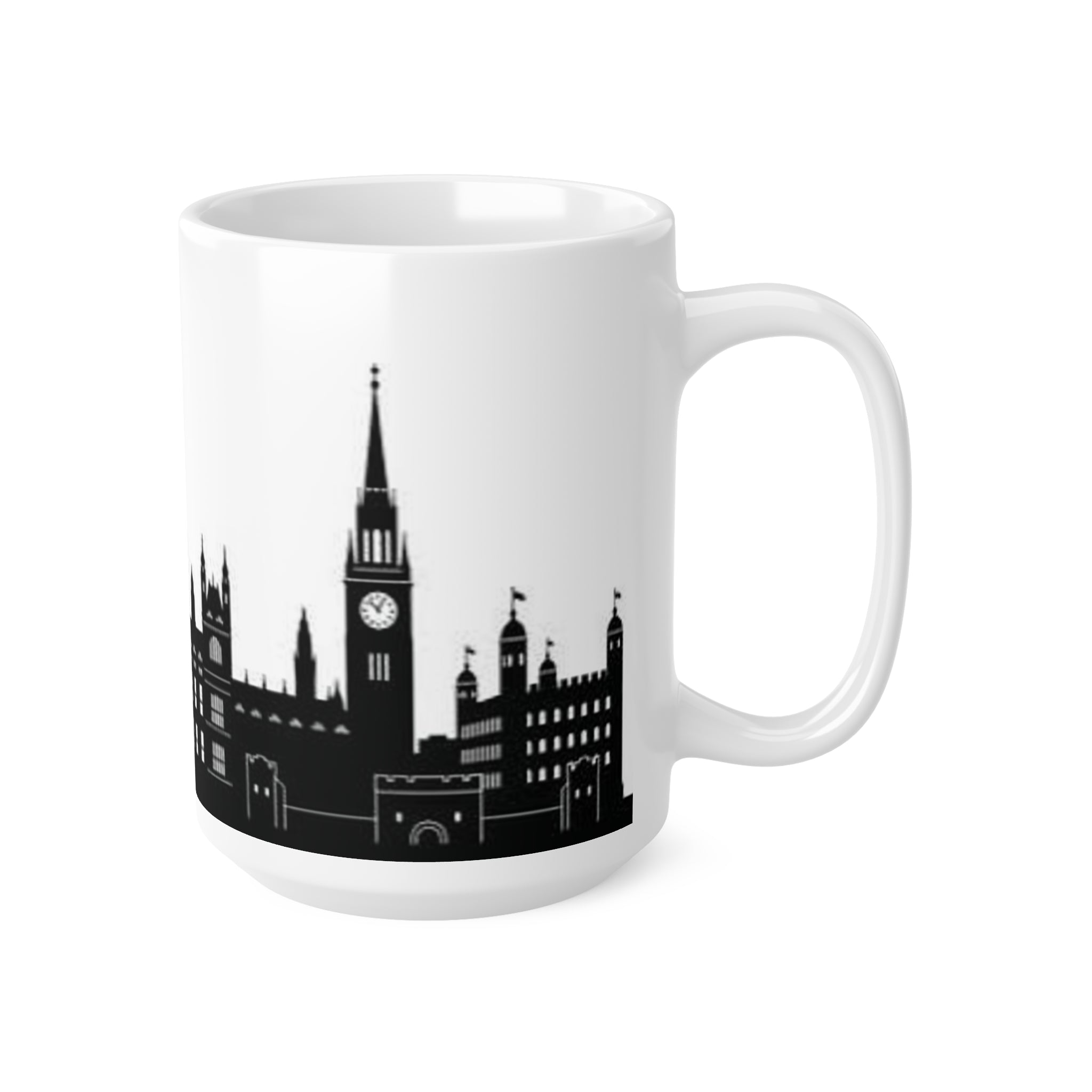 London Skyline Coffee Mug — Black & White Big Ben, London Eye Ceramic Mug (11oz & 15oz)