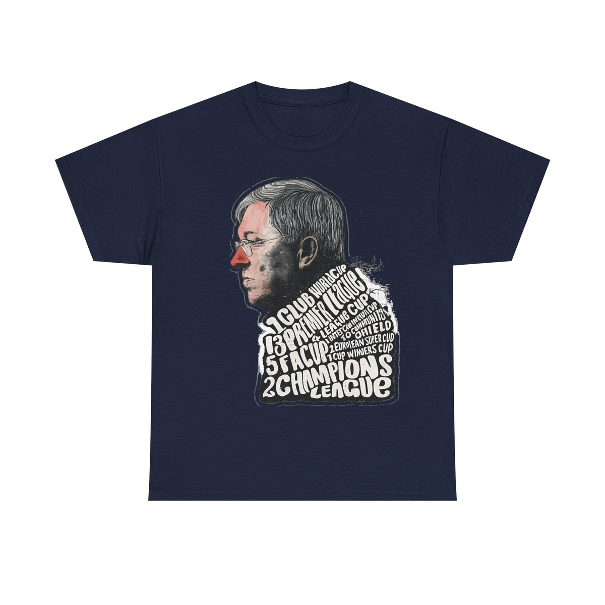 SIr Alex Ferguson Achievements Vintage Football Manager Profile Tee — Illustrated Head with Trophy Text Design