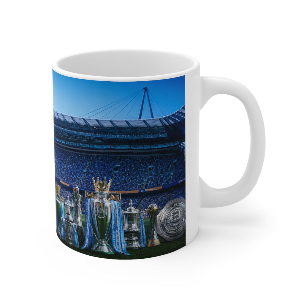 Rodri Man City Soccer Champion Ceramic Mug — Fan Cup with Trophies & Stadium Scene