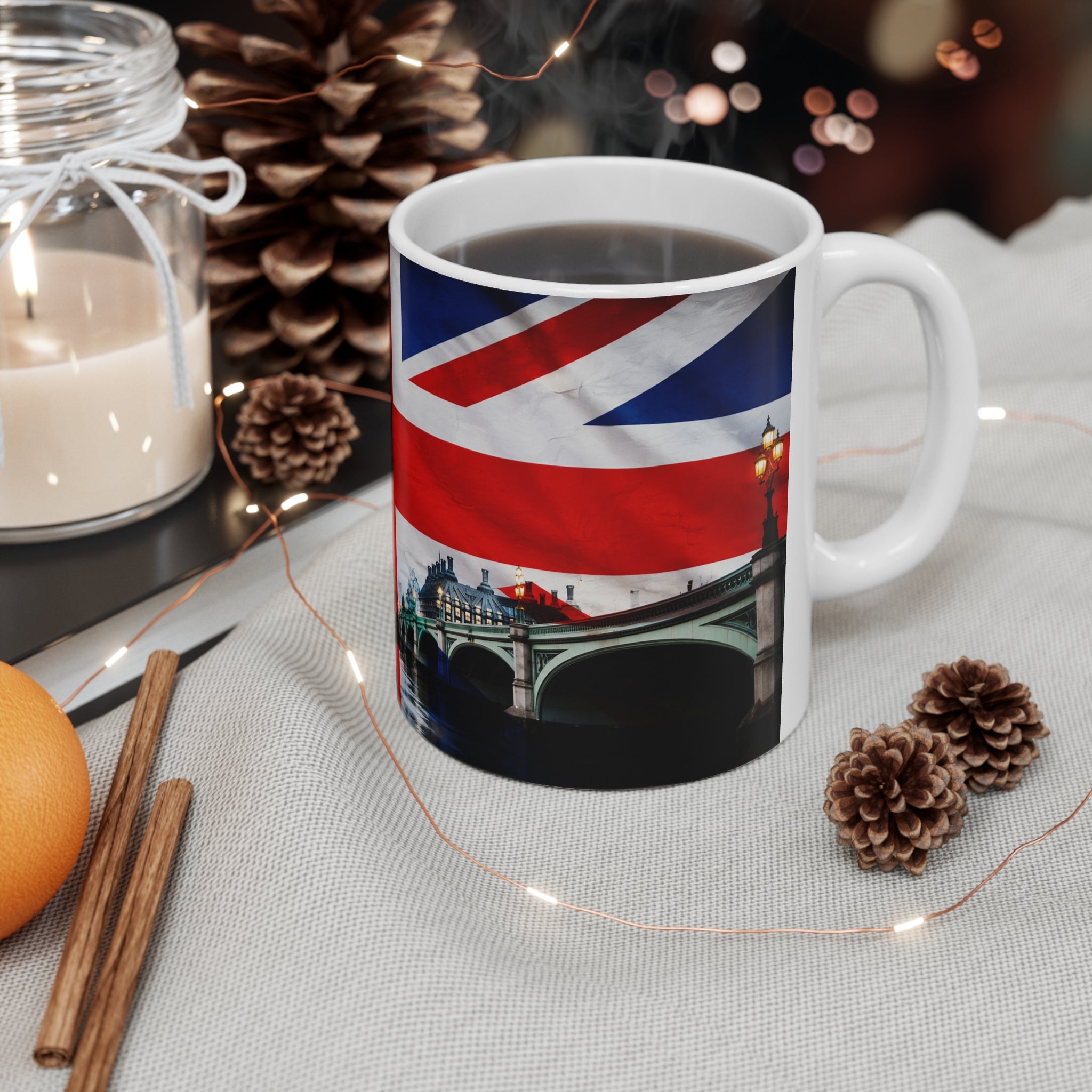 Union Jack London Mug — Ceramic Coffee Cup with Big Ben & Houses of Parliament (11oz, 15oz)