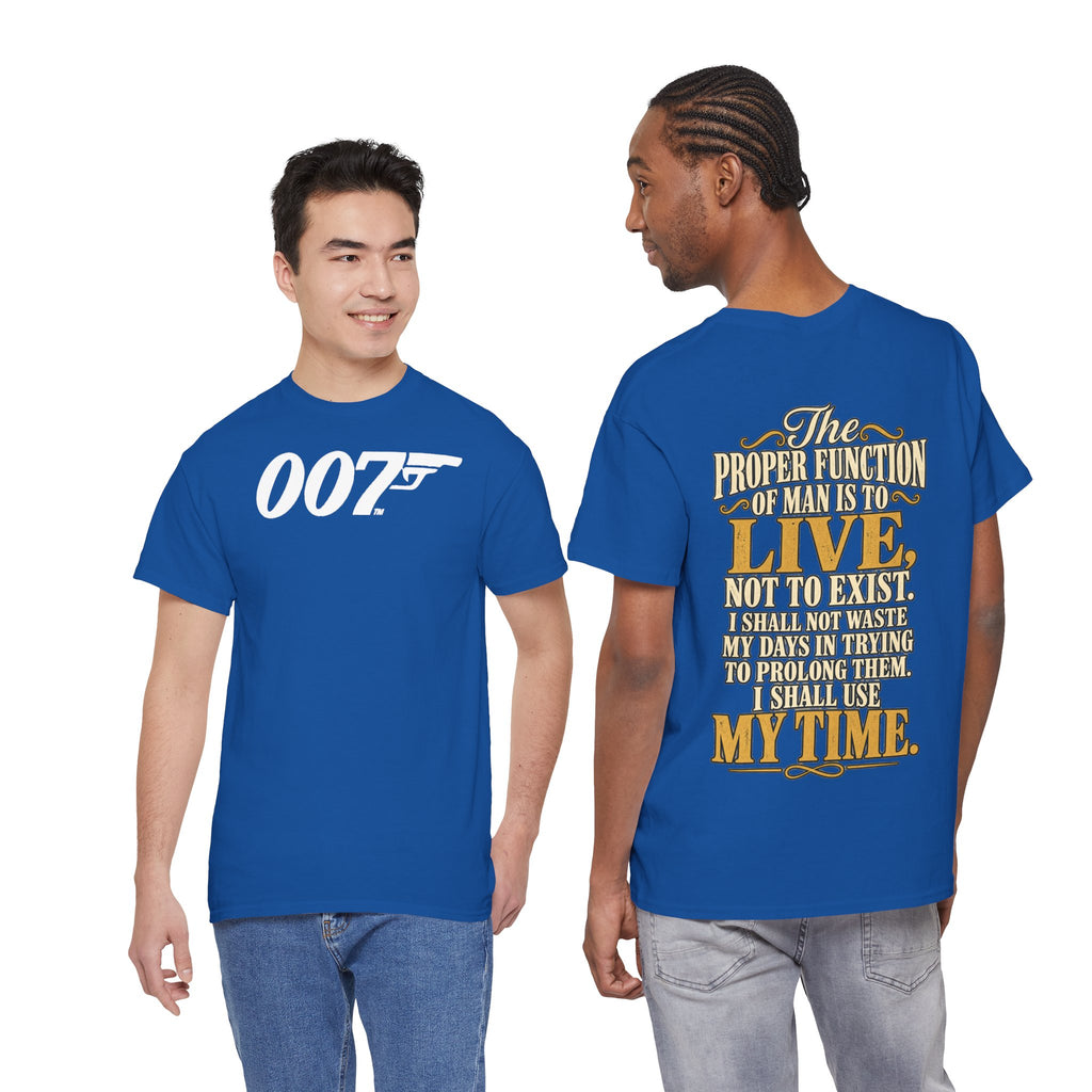 007 Gun Logo T-Shirt — "The Proper Function of Man Is to Live" Quote Tee