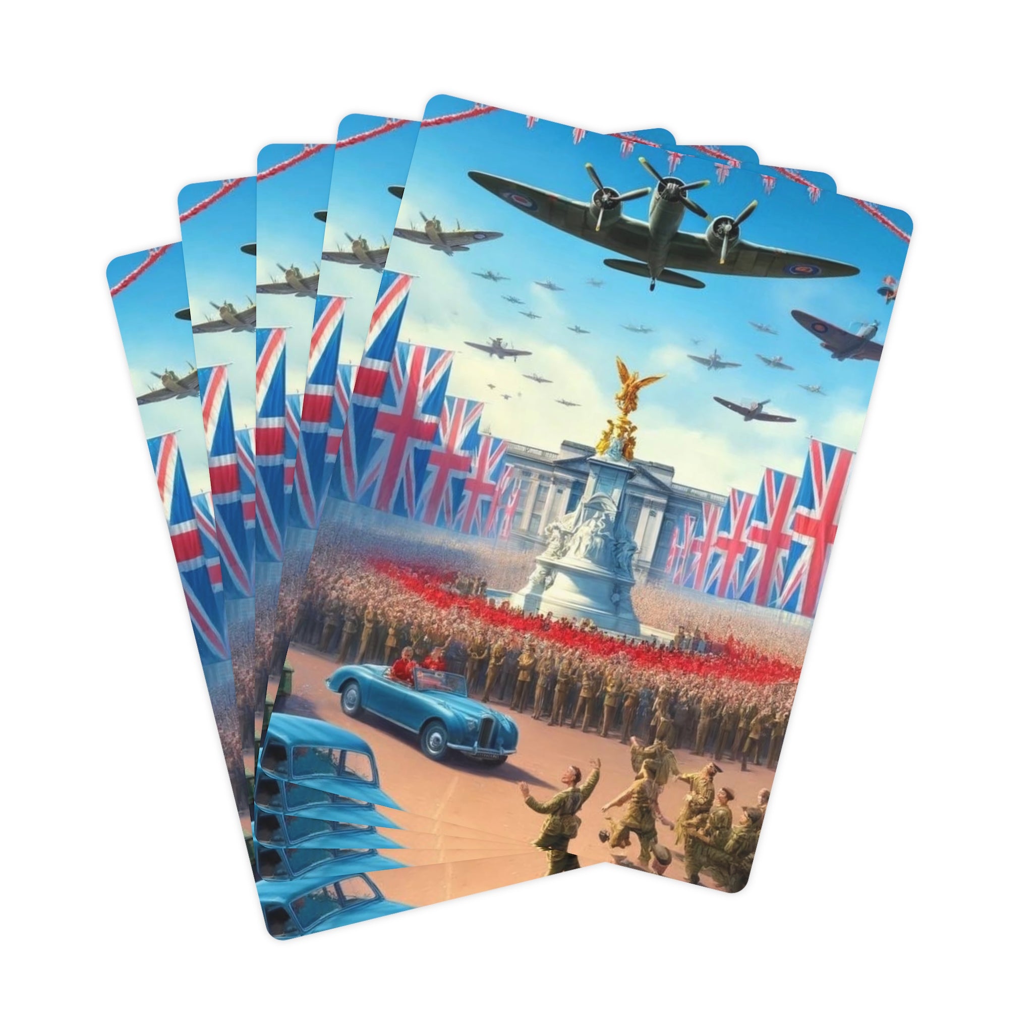 Vintage British Victory Parade Union Jack, Spitfires and Buckingham Palace Playing / Poker Cards