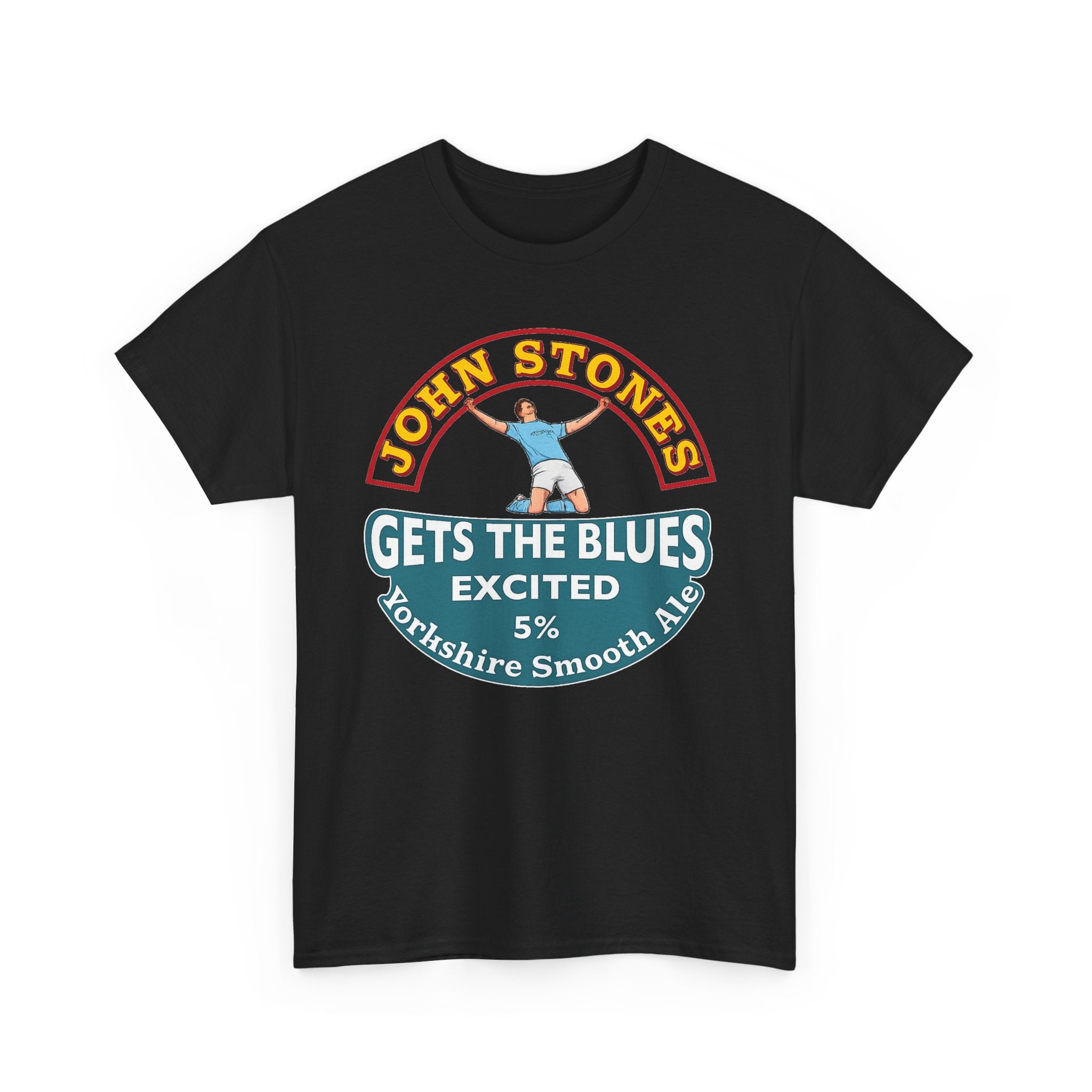 John Stones T-Shirt — "Gets The Blues Excited" Retro Ale Parody Tee
