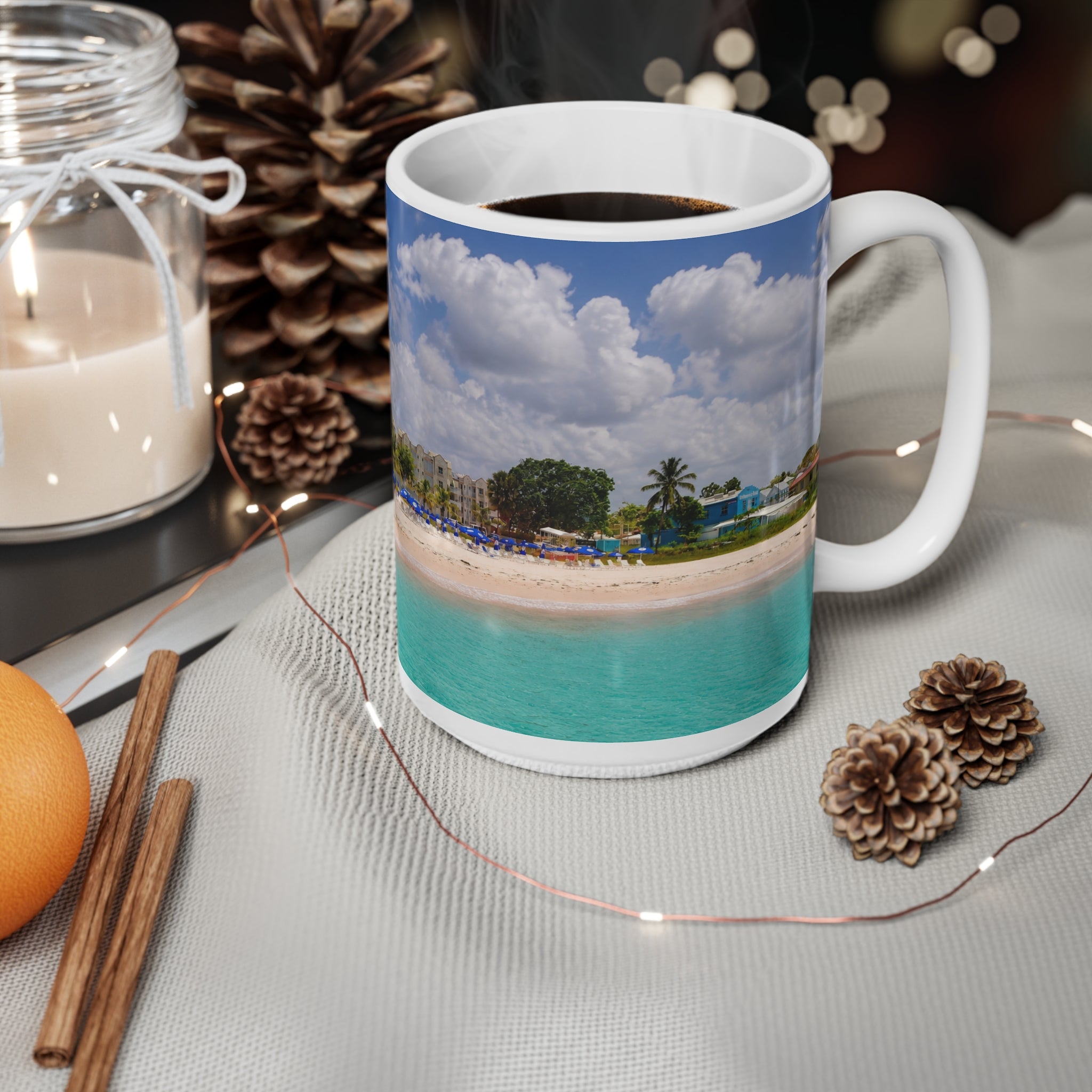 Barbados Tropical Beach Photo Mug — Scenic Dock Over Turquoise Water, 11oz & 15oz Ceramic Coffee Cup