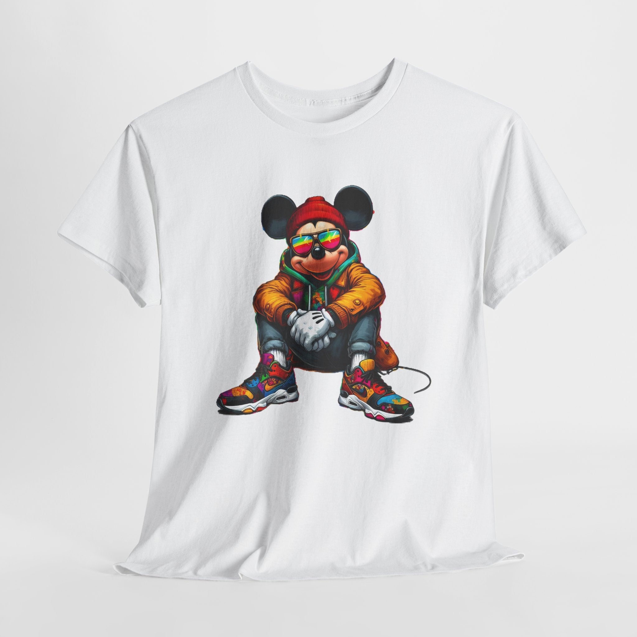 Mickey Mouse Streetwear Graphic Tee — Hip-Hop Mouse Character Sitting in Sneakers