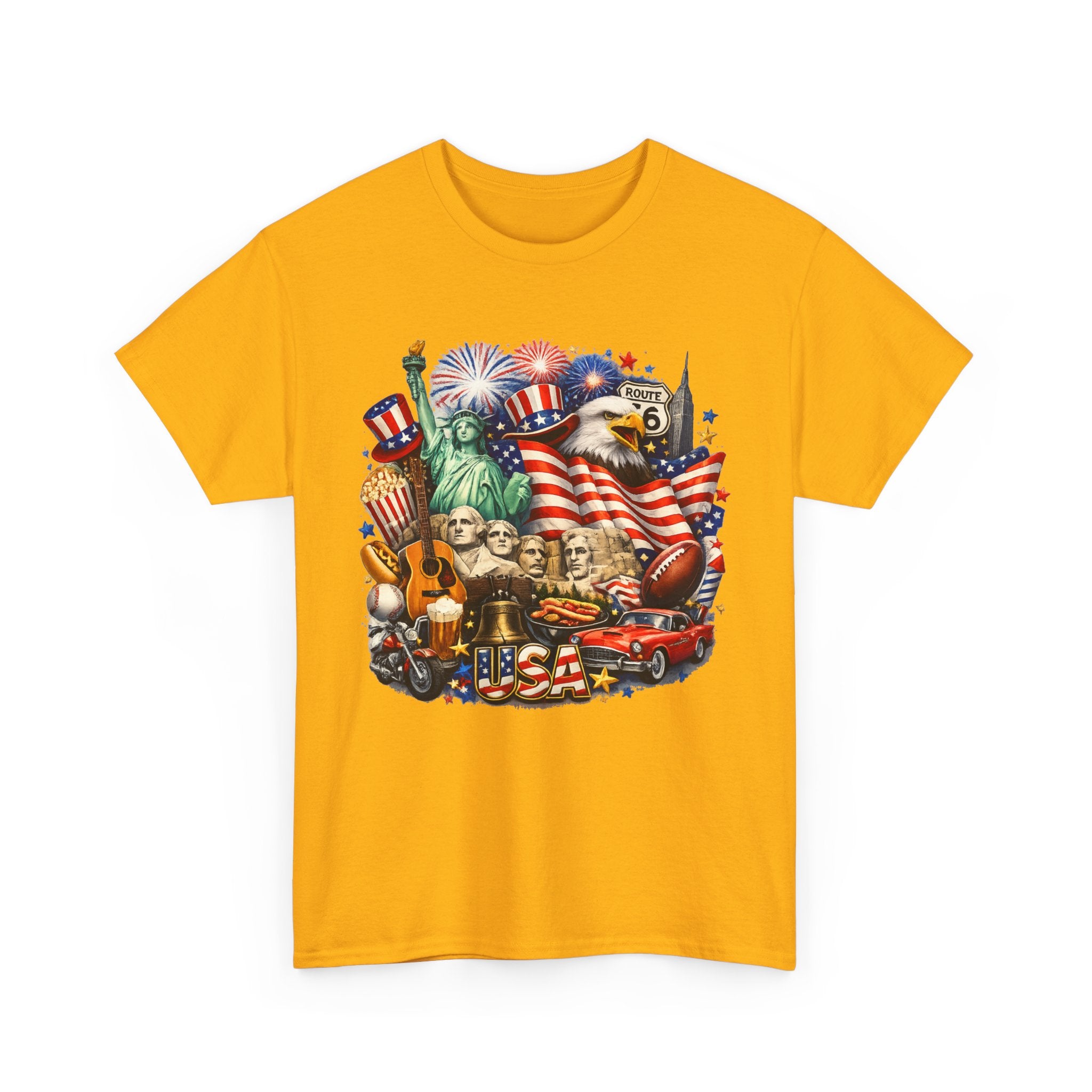 Patriotic USA Graphic Tee – American Flag, Statue of Liberty & Fireworks T-Shirt