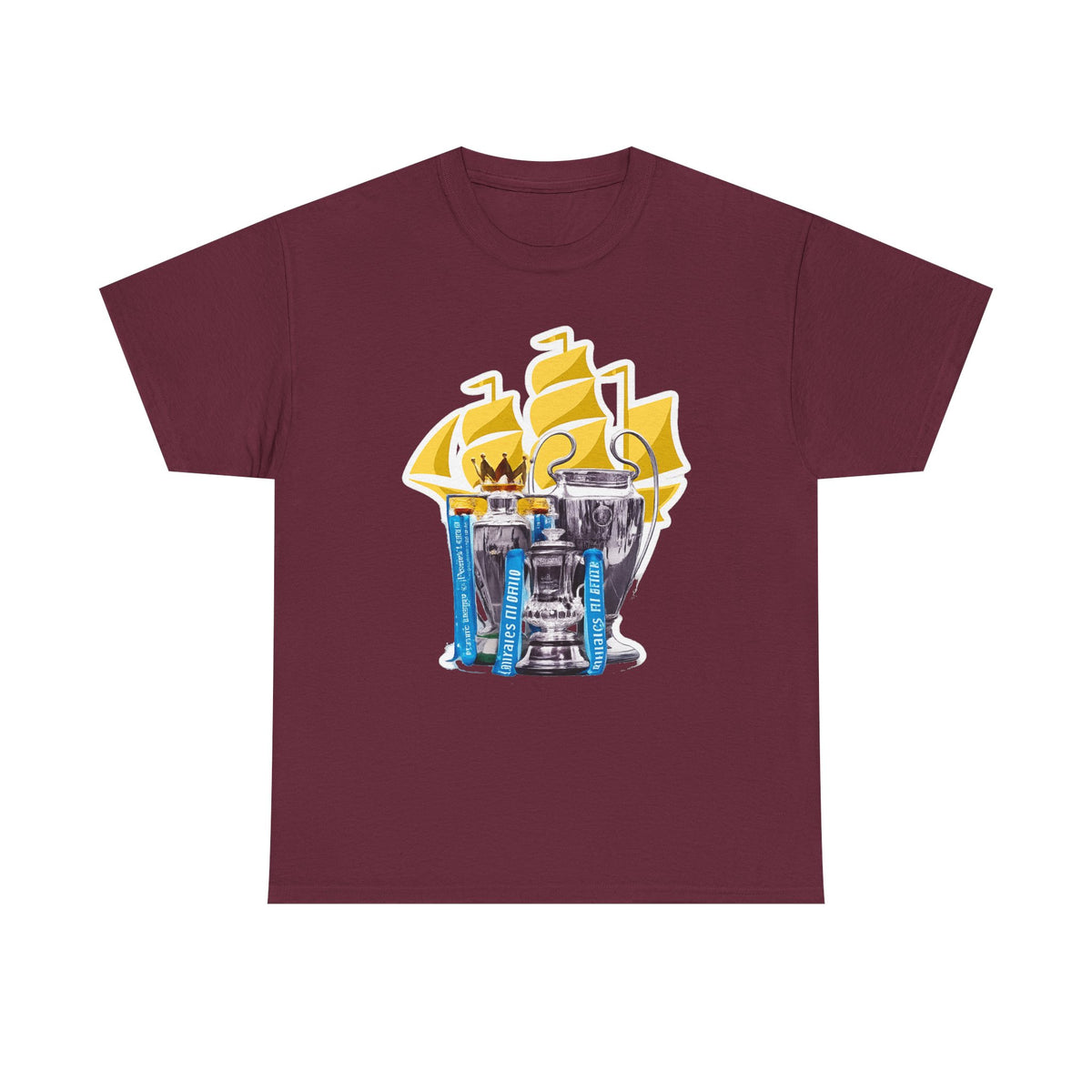 Manchester City Champions Trophy Tee – Golden Cups & Blue Scarves Football Fan Shirt
