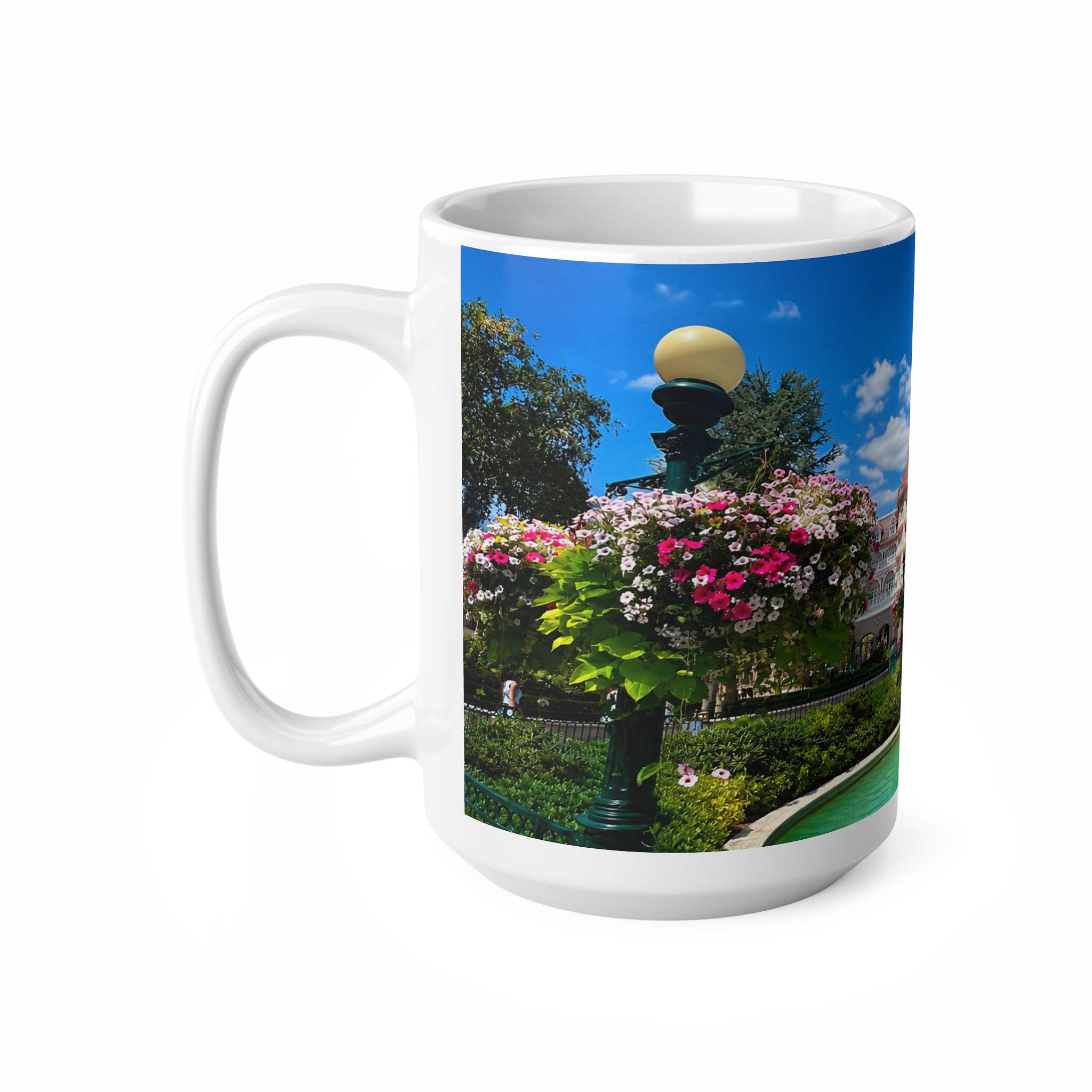 Disneyland Paris Pink Castle Photo Mug — Floral Park Scenic Coffee Cup (11oz, 15oz)